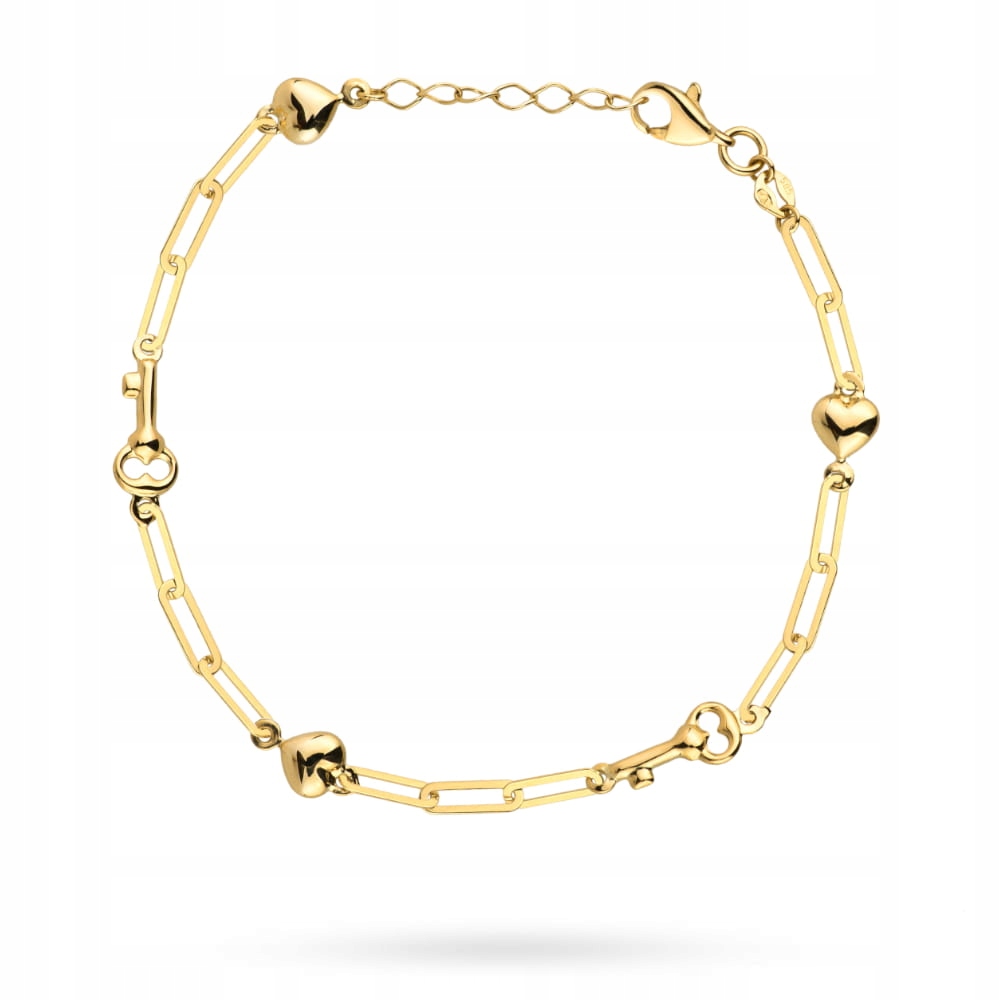Zlatý náramek 585 klíček, srdce a články dárek pro milovanou osobu 14 let