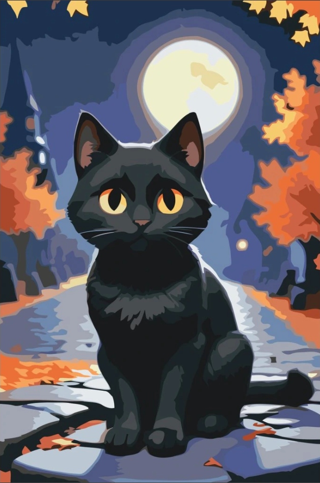 Diamantová výšivka Kočka Černá Noc Podzim Dýně Halloween Ulice Listy 40x60cm