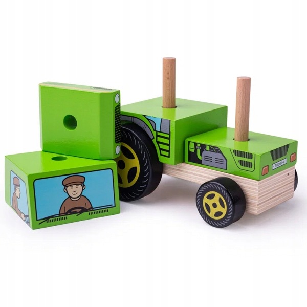 Pojazd z drewnianych klocków zielony Traktor do układania Bigjigs Toys