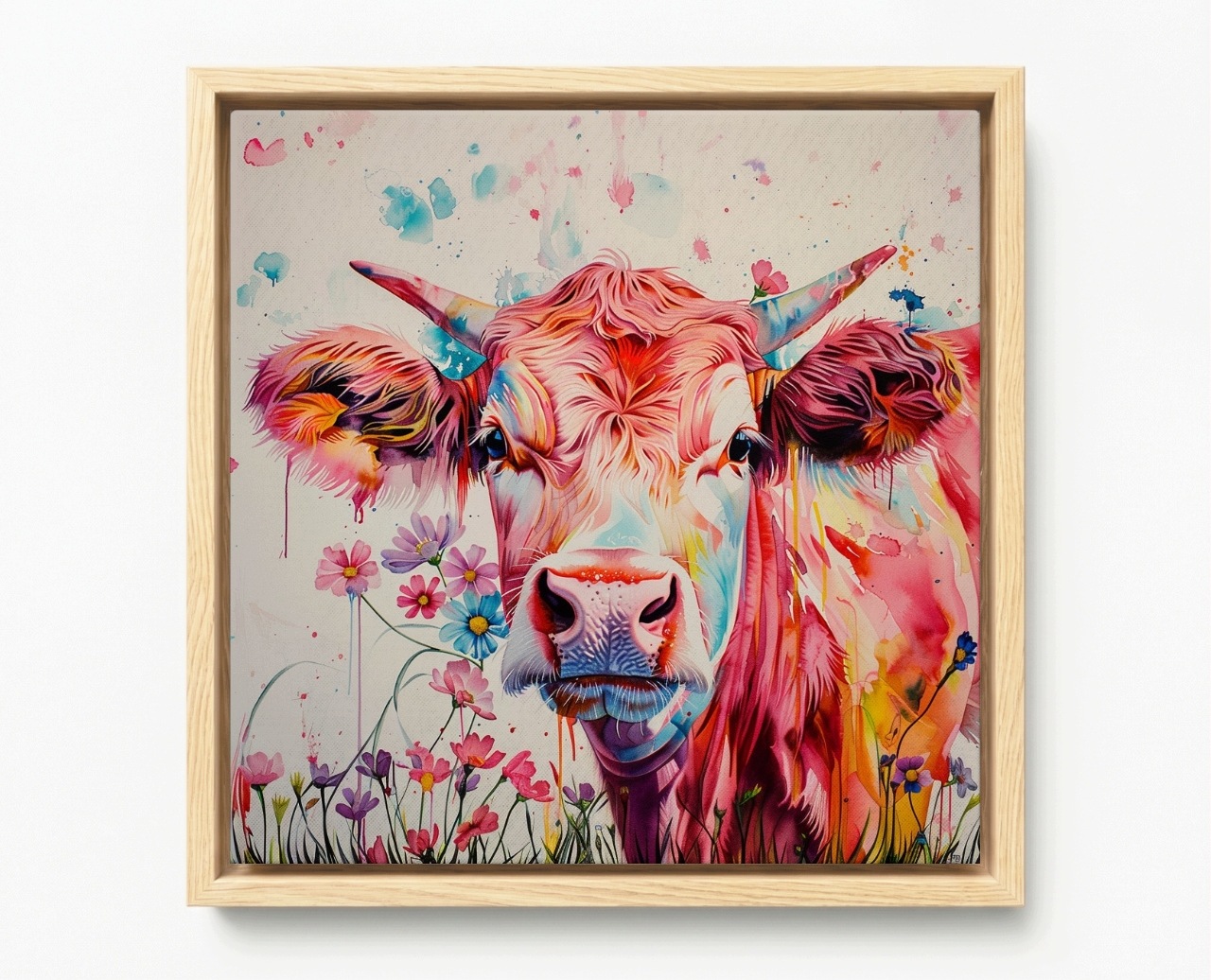 Obraz Rám American Box Portrét Krava Ružová Farby Kvety Boho 60x60