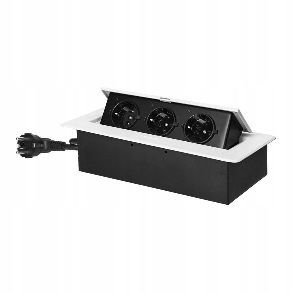 Nábytková zásuvka zapuštěná do pracovní desky, kabel 1,5 m, 3x2P+Z (Schuko), bílá