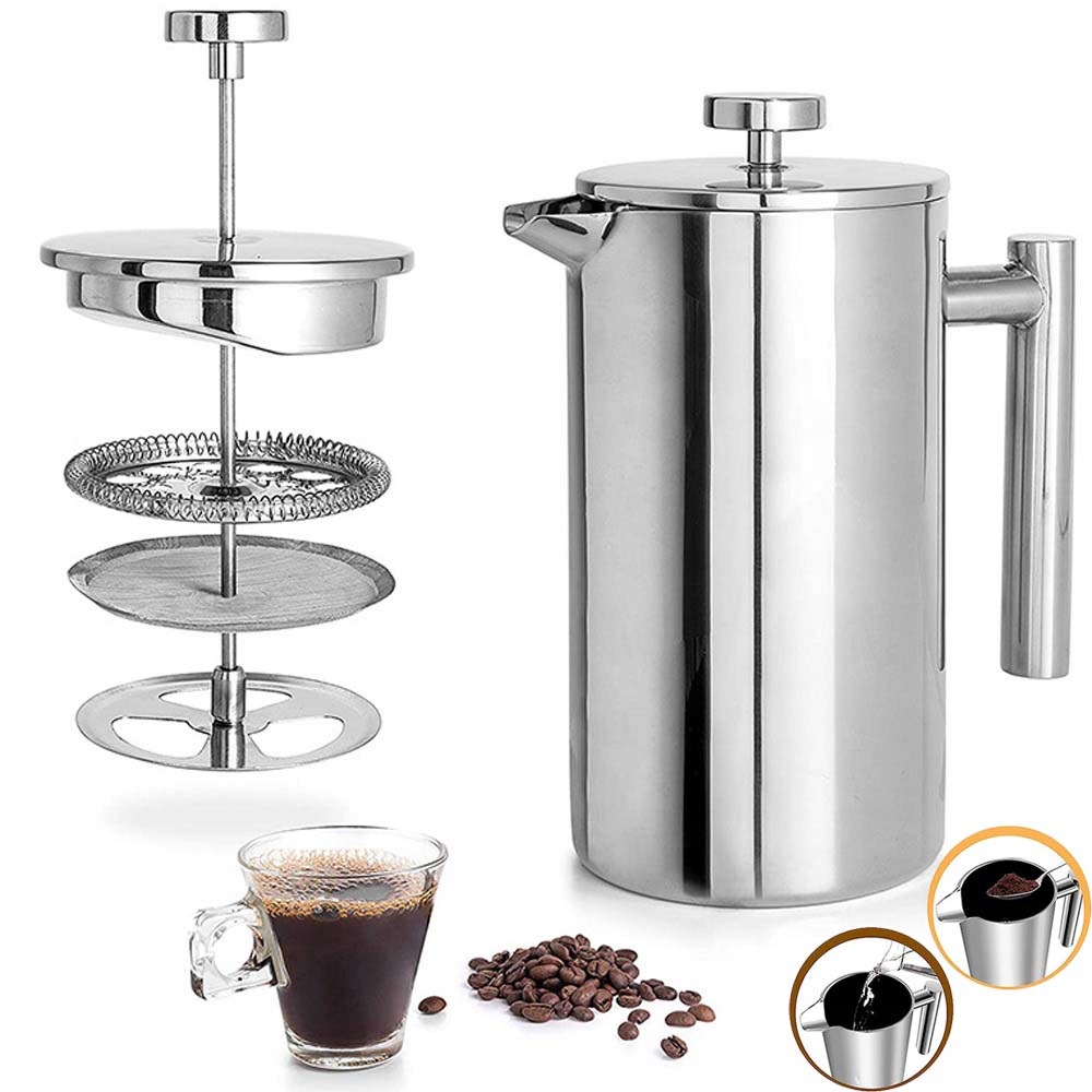 Pístová Kávovarka 800 ML French Press, Dvojité Stěny, Stříbrná Ocel 304