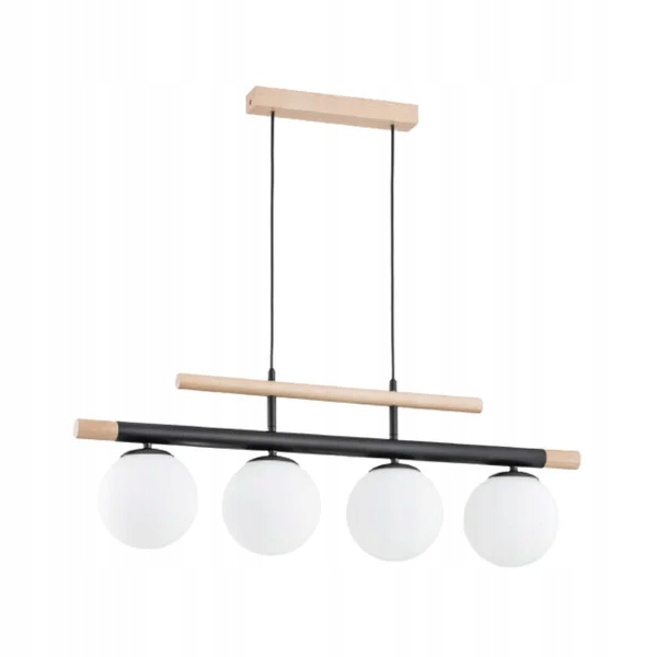 Závěsná lampa dřevěná, přírodní, černá, skleněné, bílé koule, 4 body Alfa