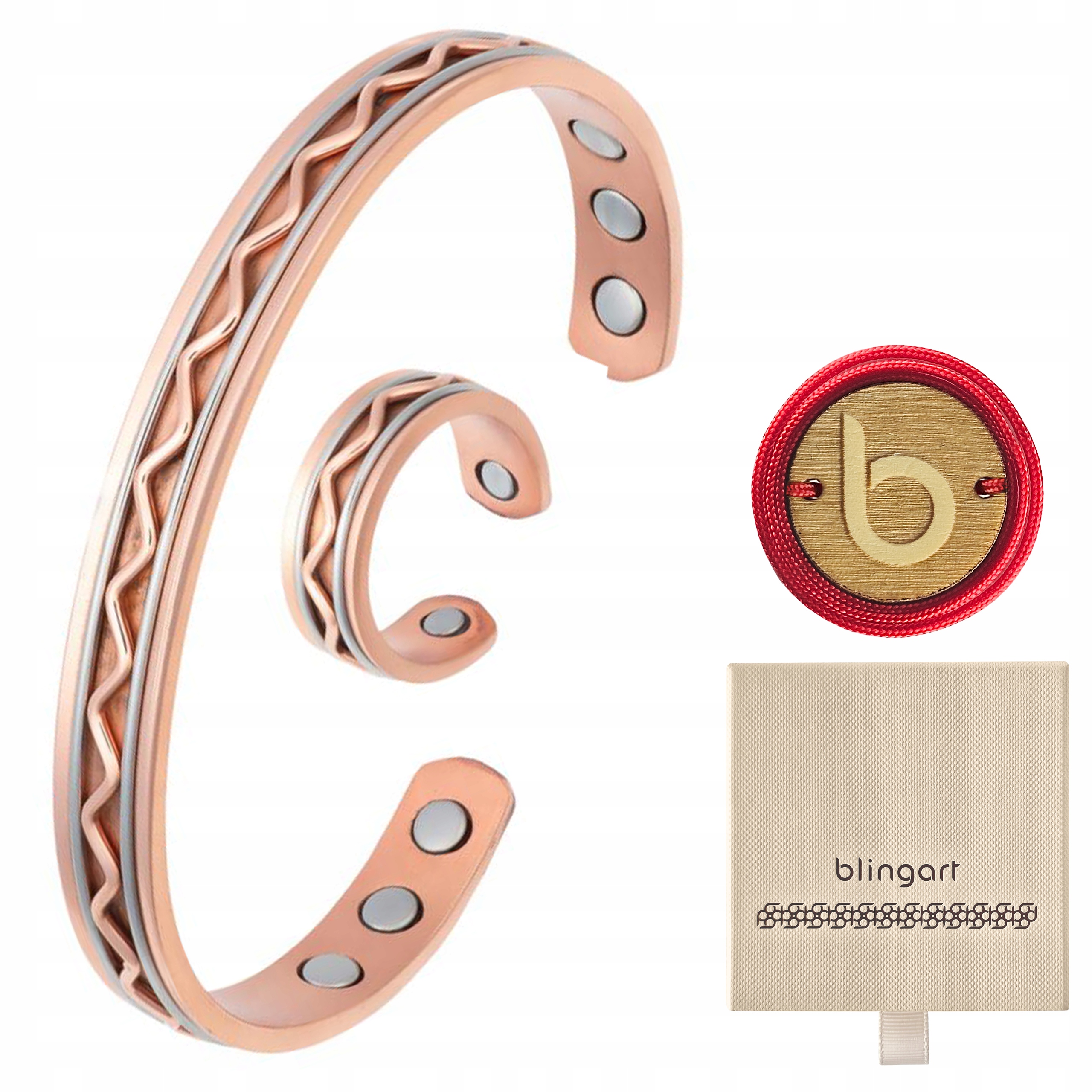 Komplet šperků, měděný pánský snubní prsten a náramek gravírování Blingart