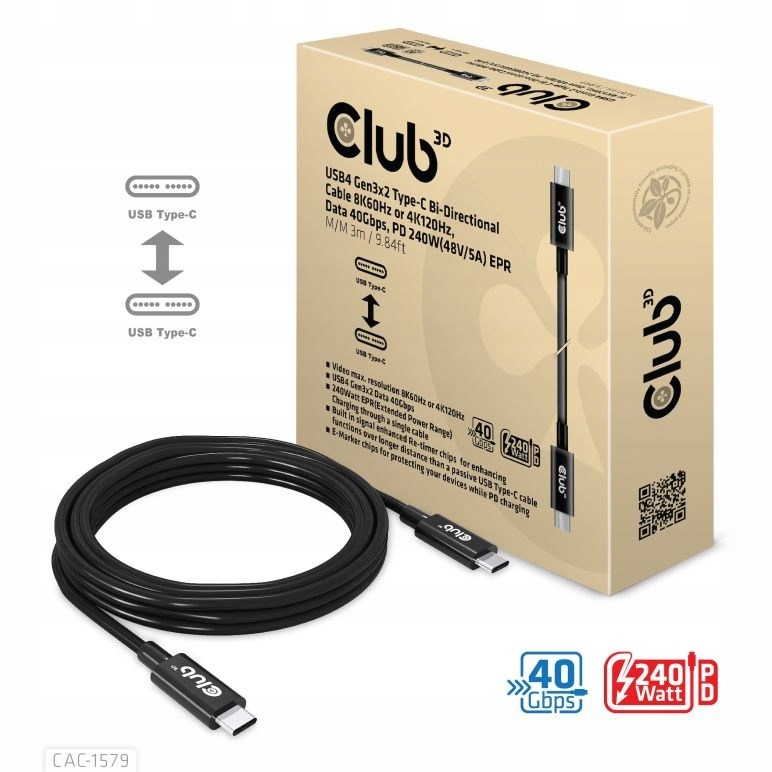 Club3D Kabel USB4 Gen3x2 Typ C 8K60Hz Uhd, 40Gbps, Power Delivery 240W, …