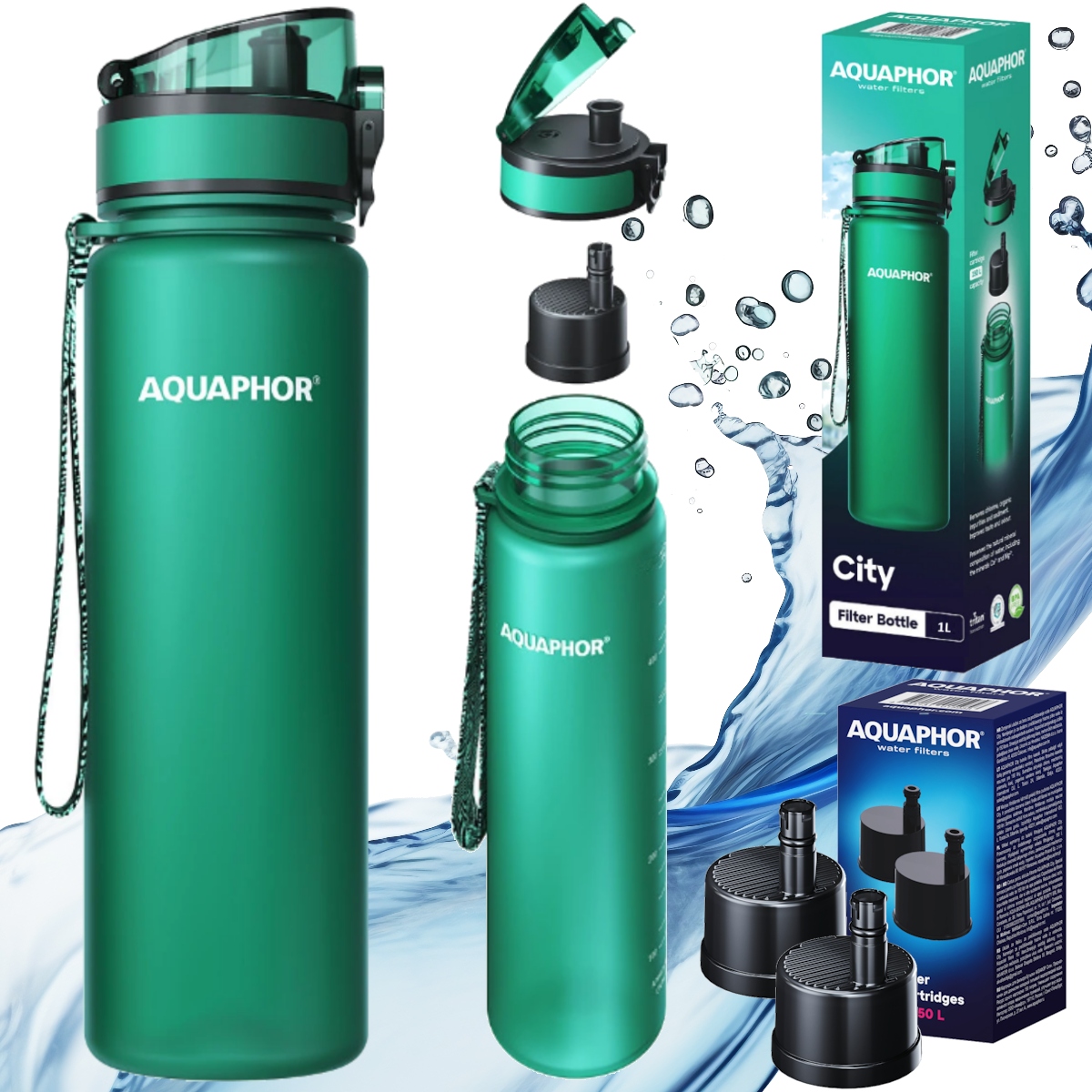 Sada Aquaphor City filtrační láhev lahvově zelená barva 1 l 3 x filtr do v