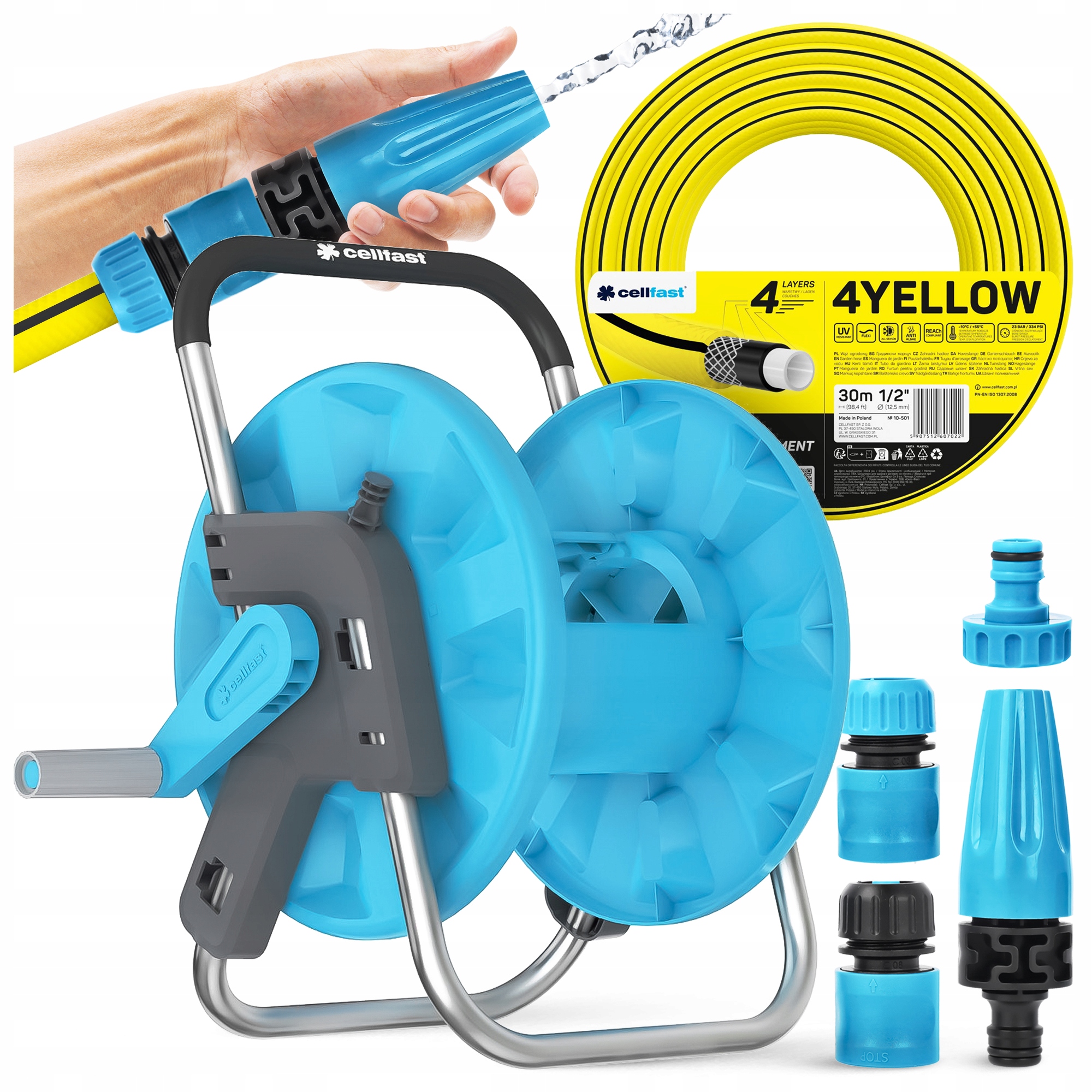 Zahradní Hadice Na Stojanu 1/2" 30 m Cellfast Navíječ Pistole Spojky Sada