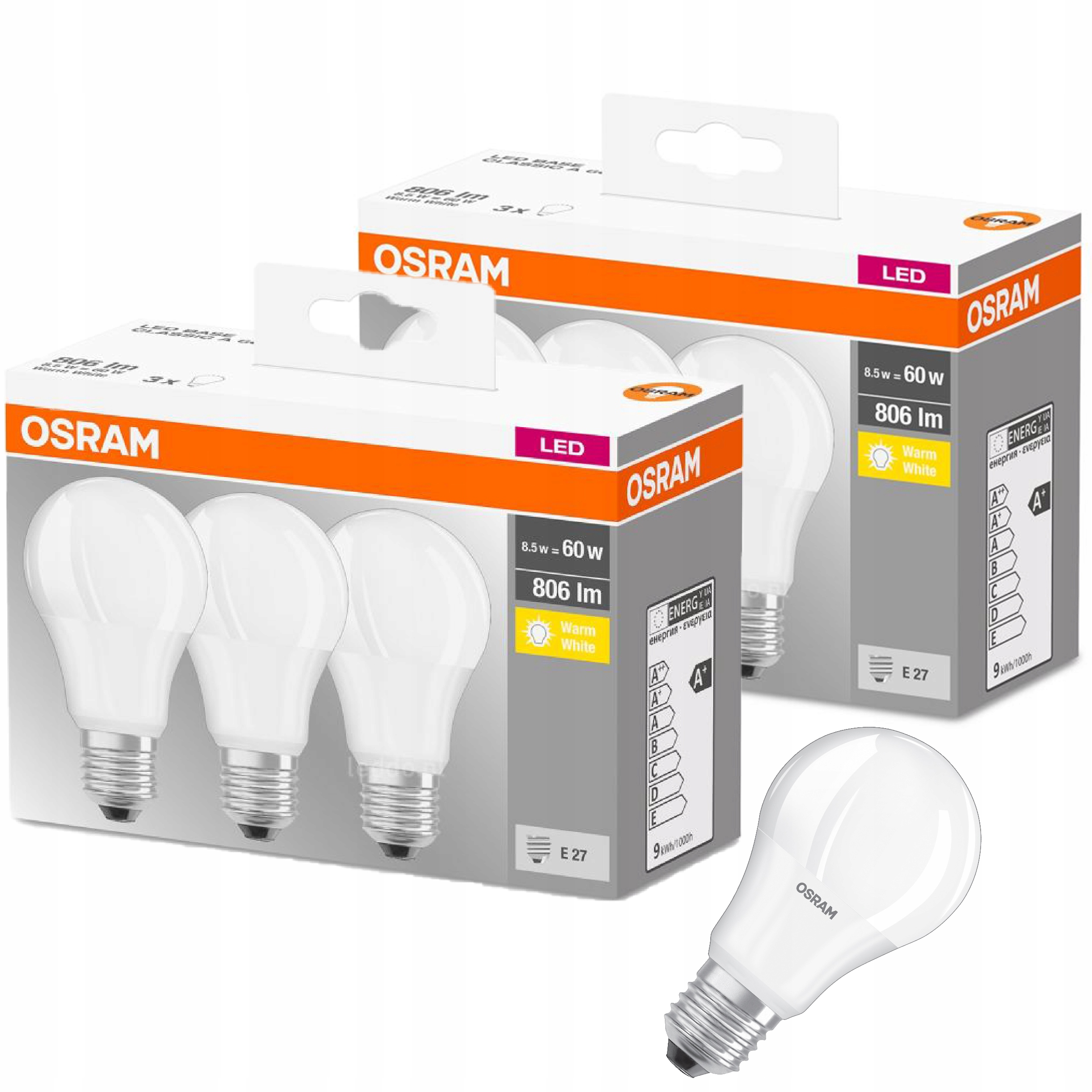 

Osram Żarówki Led A60 E27 8,5W=60W 806LM 2700K x6