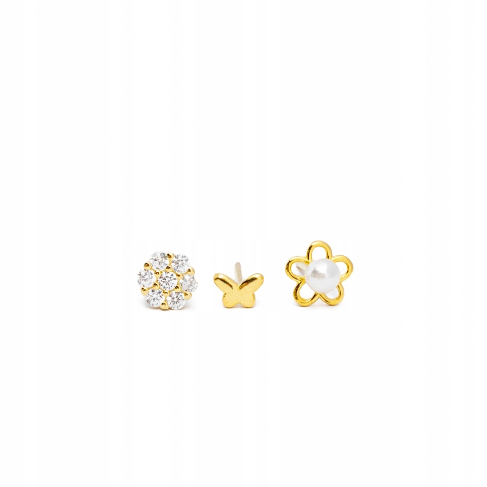 Zestaw 3 kolczyków pozłacanych Ania Kruk złote kwiaty motyl srebro 925