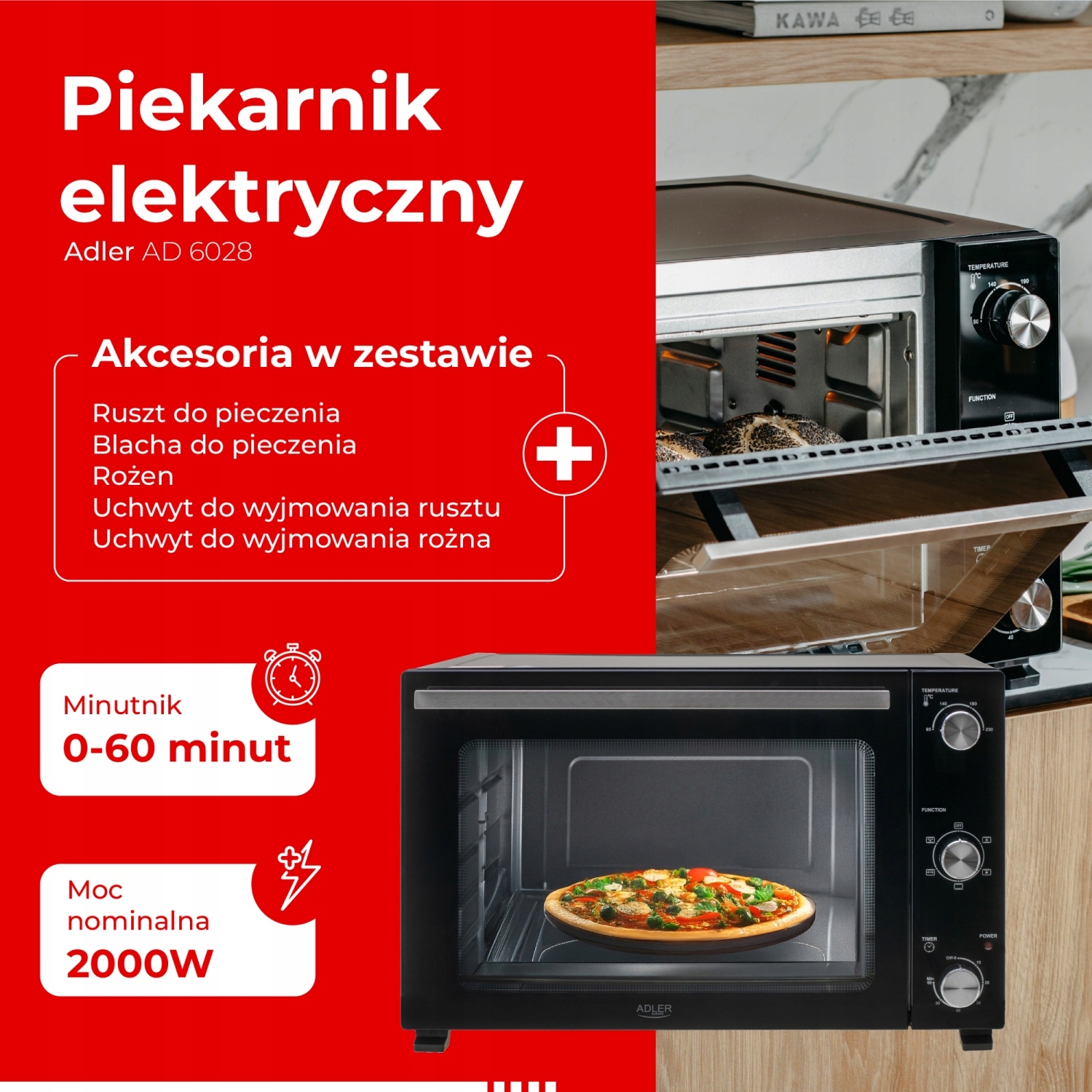 Piekarnik Elektryczny Adler AD 6028 60L Konwekcja Rożen 5 Trybów Czarny