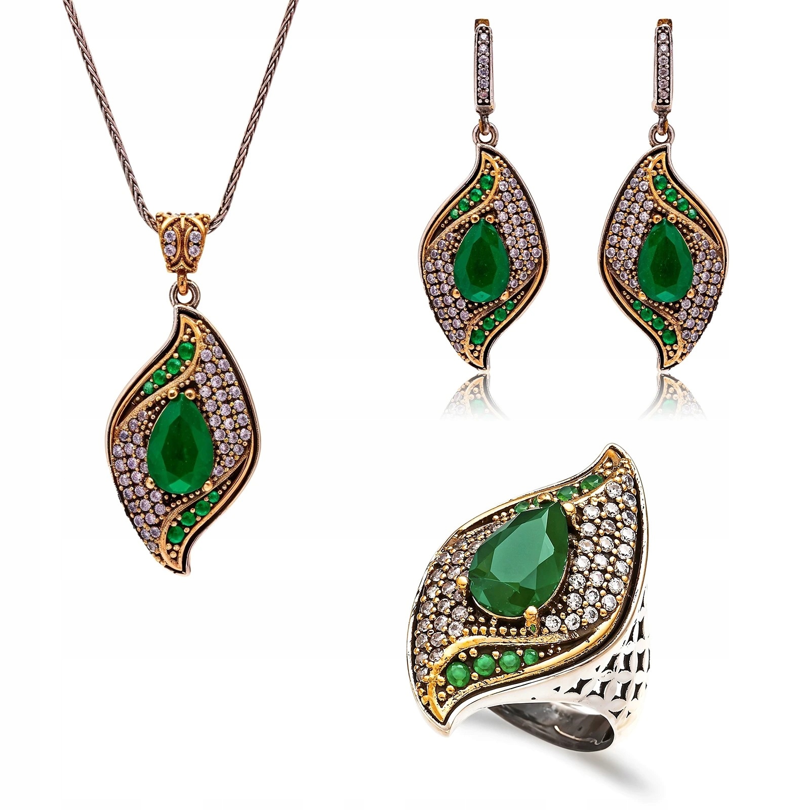 Kompletní Sada Tureckých Stříbrných Šperků Se Smaragdem A Zirkony Gravírování