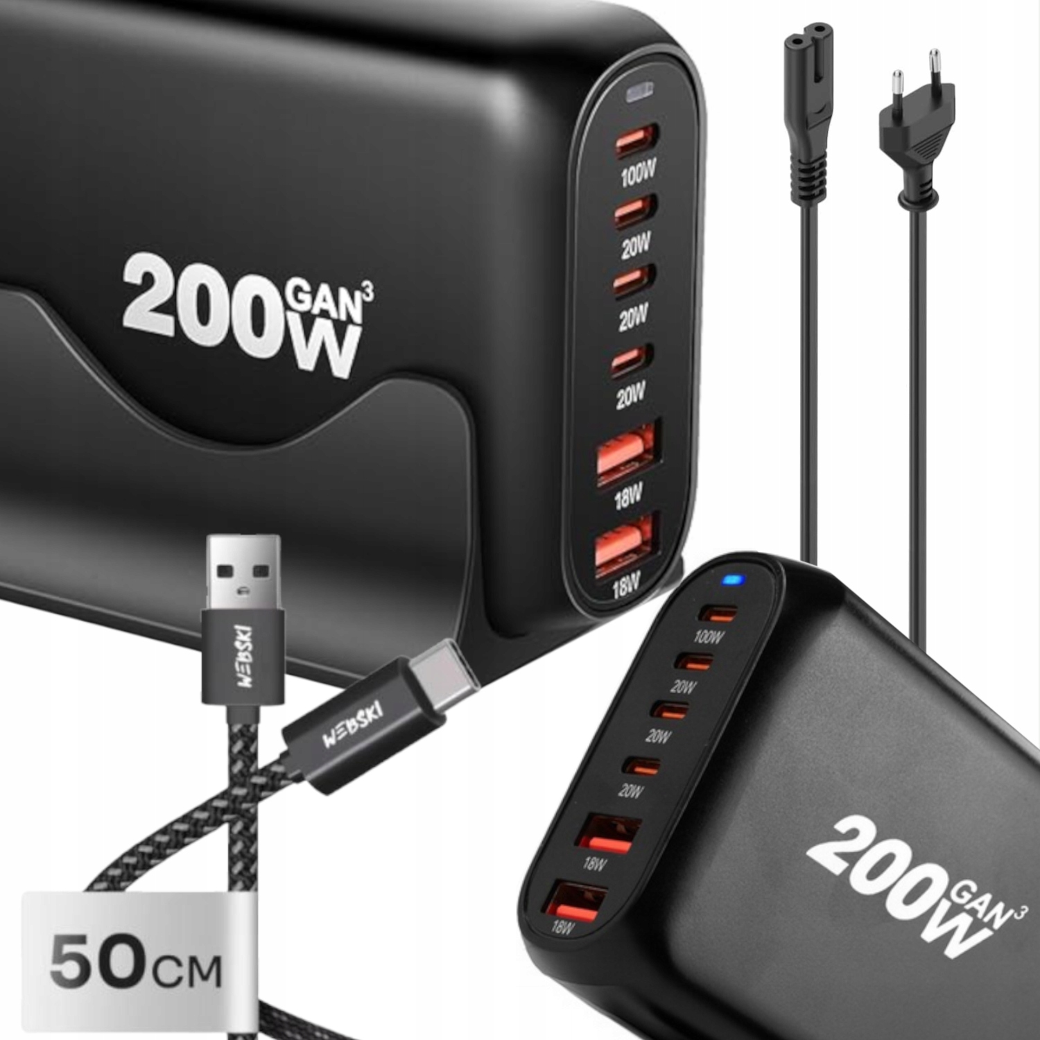 Síťová Nabíječka 200W GaN Qc Rychlá Výkonná Napájecí Stanice 6 Usb Portů