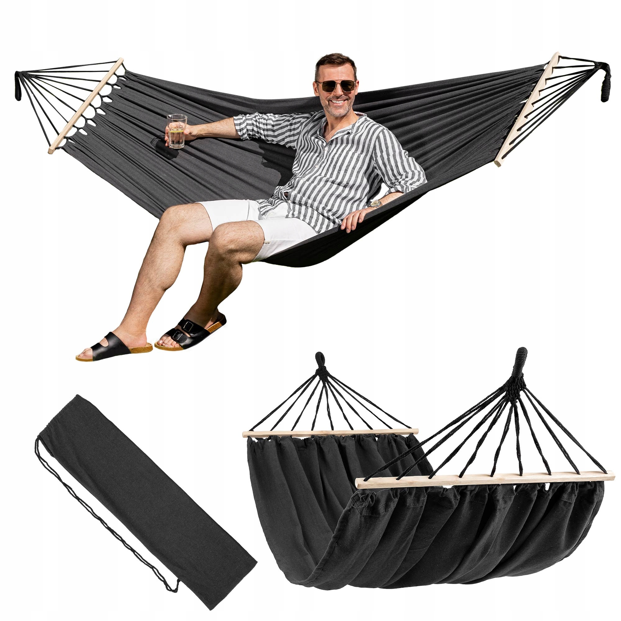 Duży hamak ogrodowy dwuosobowy Lecco z drążkiem mocny zestaw pokrowiec