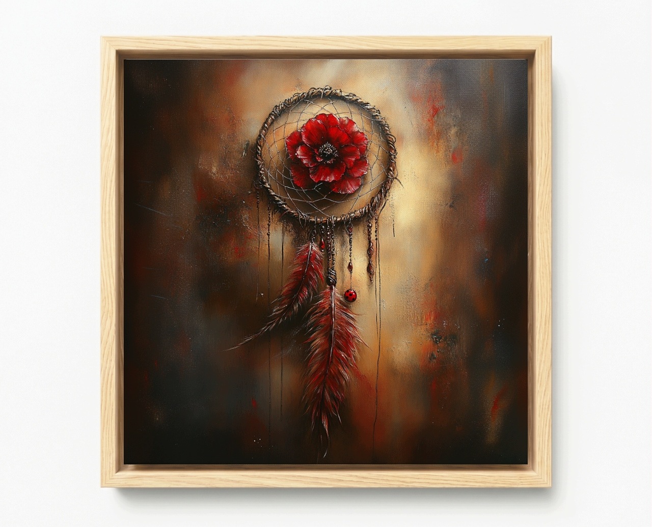 Obraz Rám American Box Lapač Snů Červený Květ Pera Boho 40x40