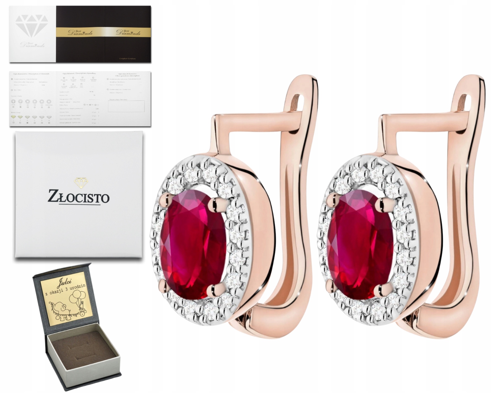 Růžové Zlaté Náušnice S Rubíny A Diamanty, Anglické Zapínání, Dárek