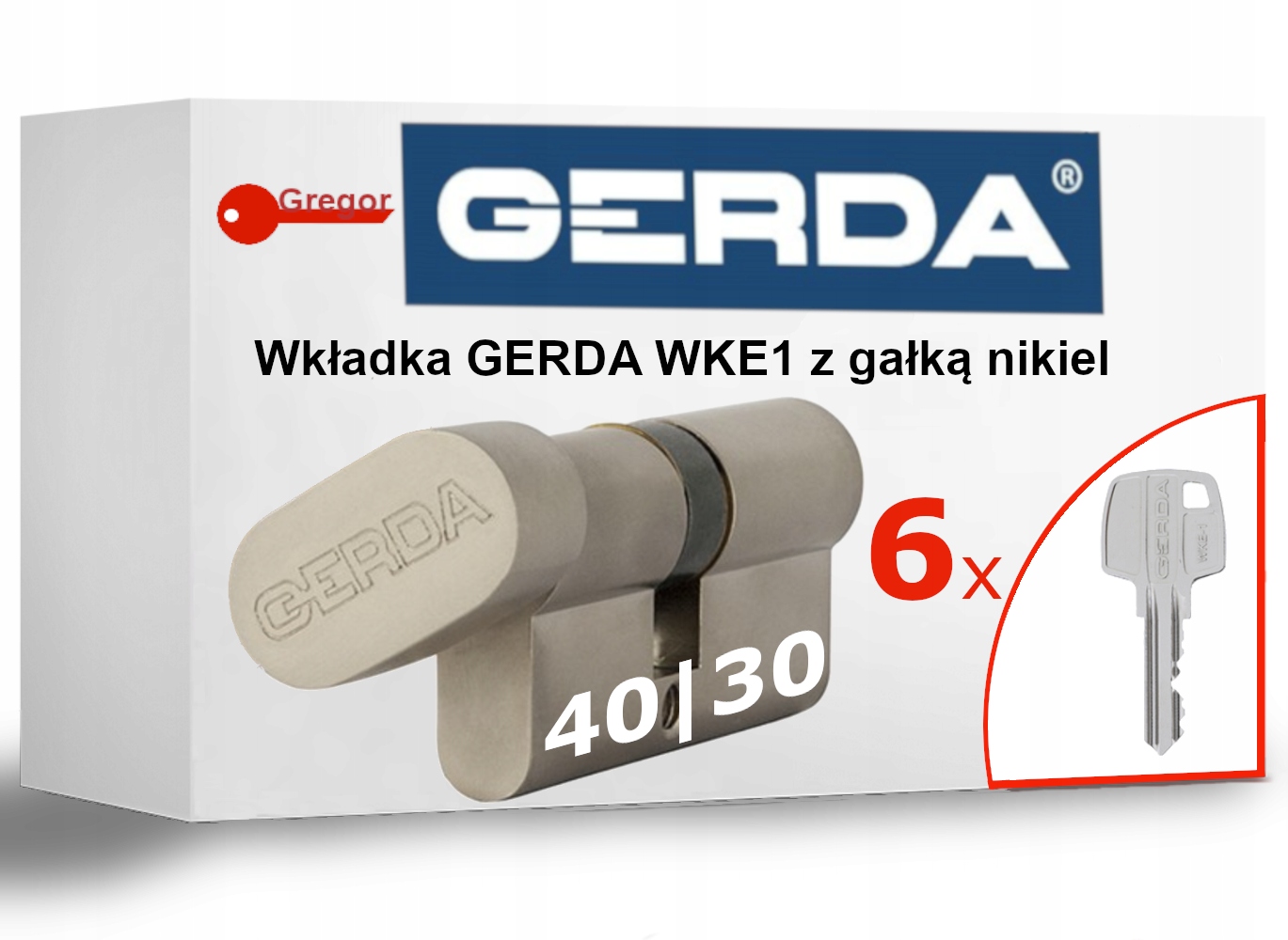 6 Kluczy Wkładka zamek Gerda WKE1 G40/30 nikiel satyna z gałką 6 kluczy