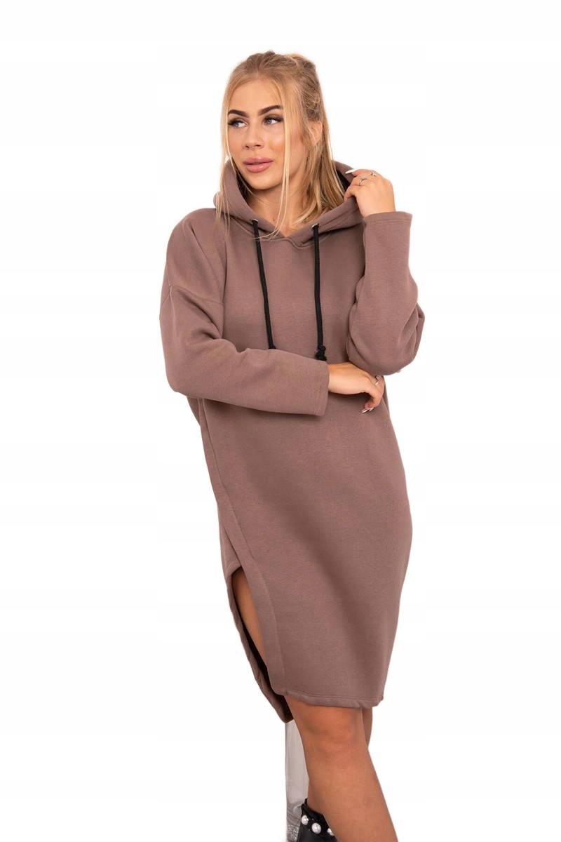 Šaty s kapucí a rozparkem na boku mocca