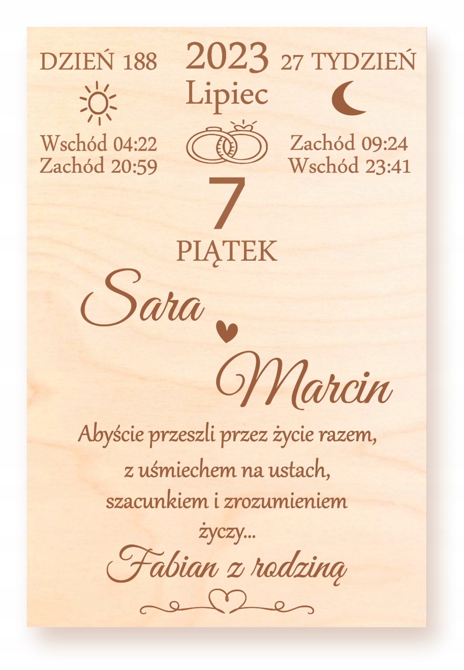 ŚLUBNA KARTKA DREWNIANA PAMIĄTKA PREZENT NA WESELE ŚLUB DLA PARY MŁODEJ Marka inny