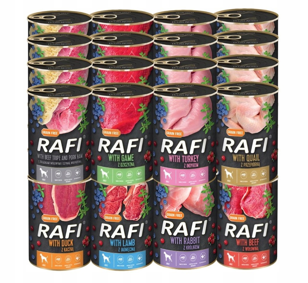 Levně Vlhké krmivo Rafi mix chutí 24x400g Dolina Noteci Bez Obilí