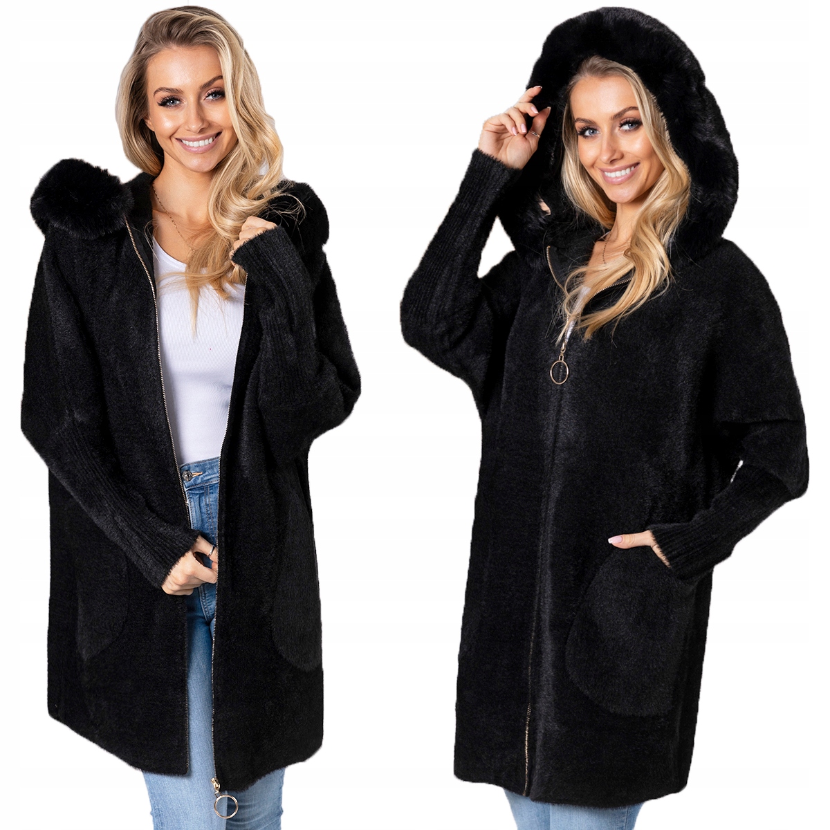 Nadýchaná Alpaka Kabát Kapuce s kožešinou Měkký, teplý, dámský, Černý