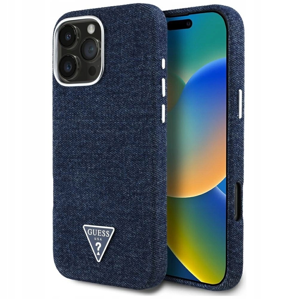Pouzdro Guess Denim Triangle Logo MagSafe pro iPhone 16 Pro modré