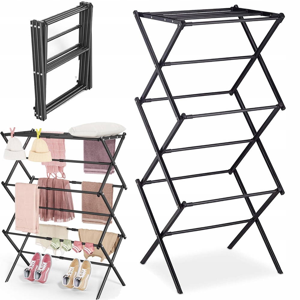 Levně Sušák Na Prádlo Kovový Černý Vertikální Rozkládací 40-70X102.5cm