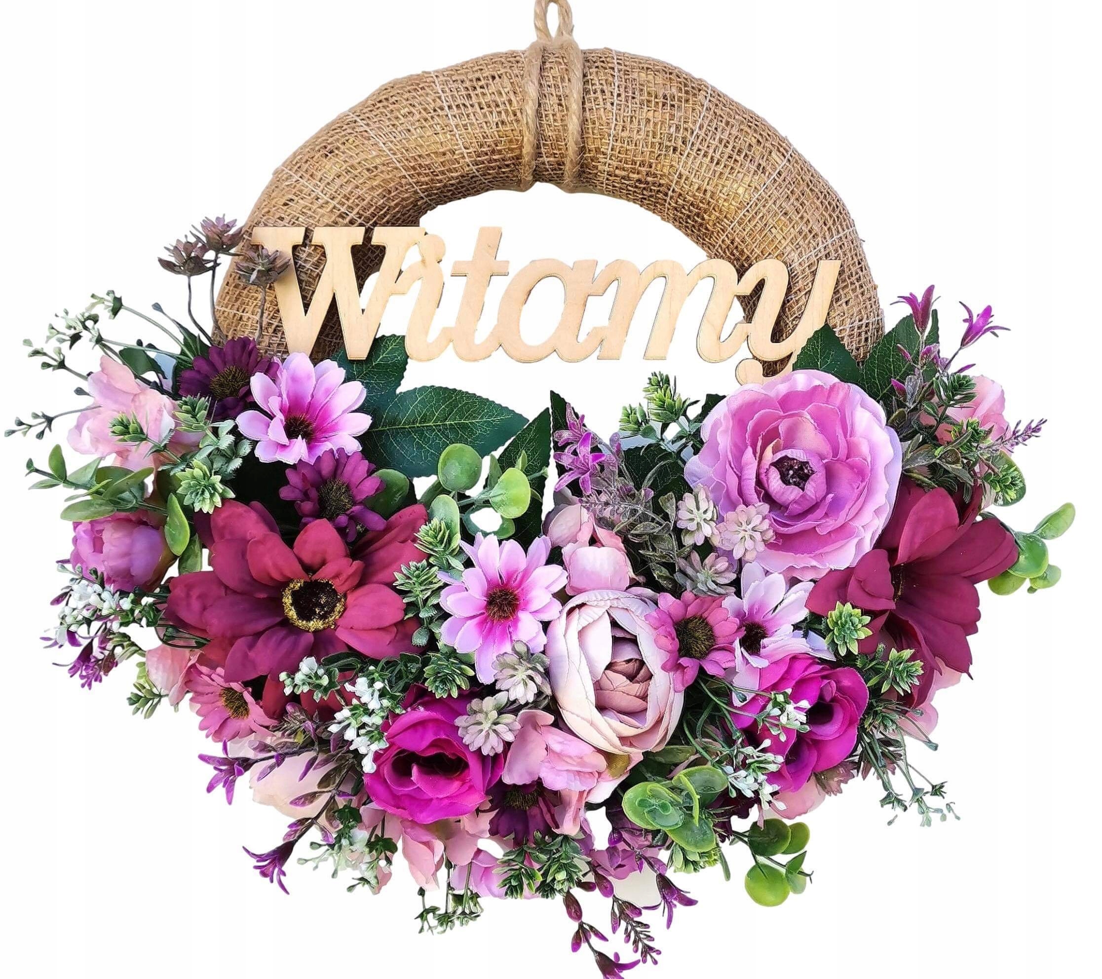 

Wianek na drzwi wiosenny letni kwiaty Witamy