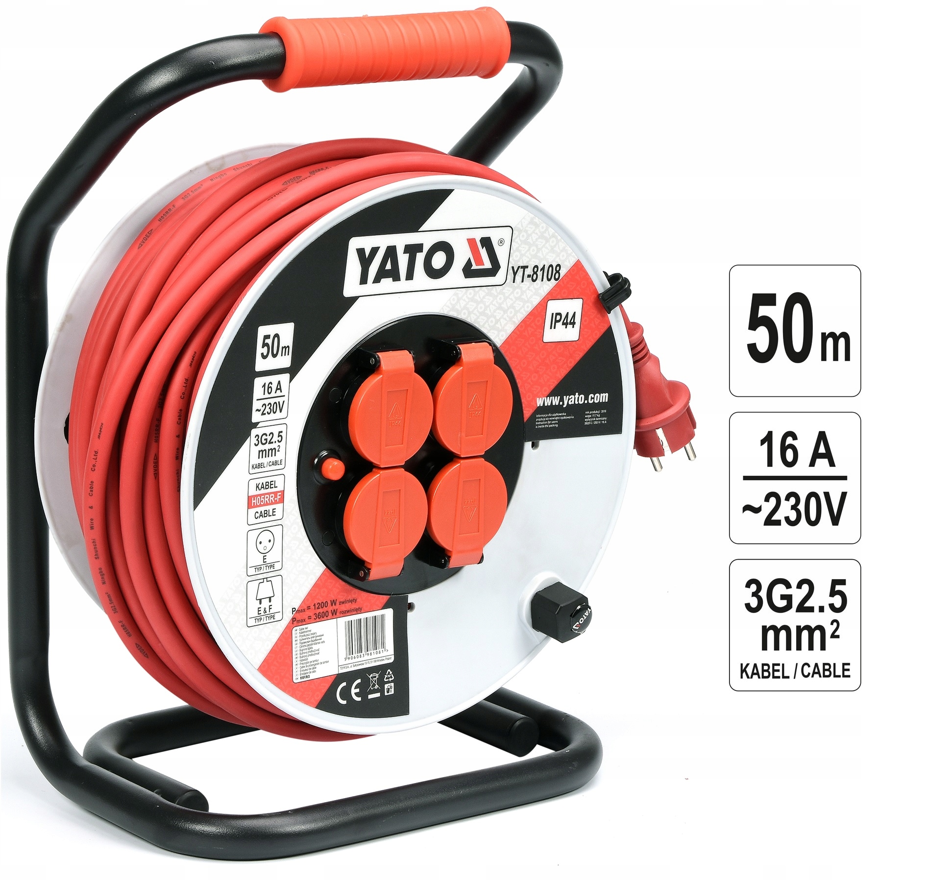 Prodlužovací Kabel Bubnový 4 Zásuvky 3 Žíly 3x2,5mm2 50M Yato YT-8108