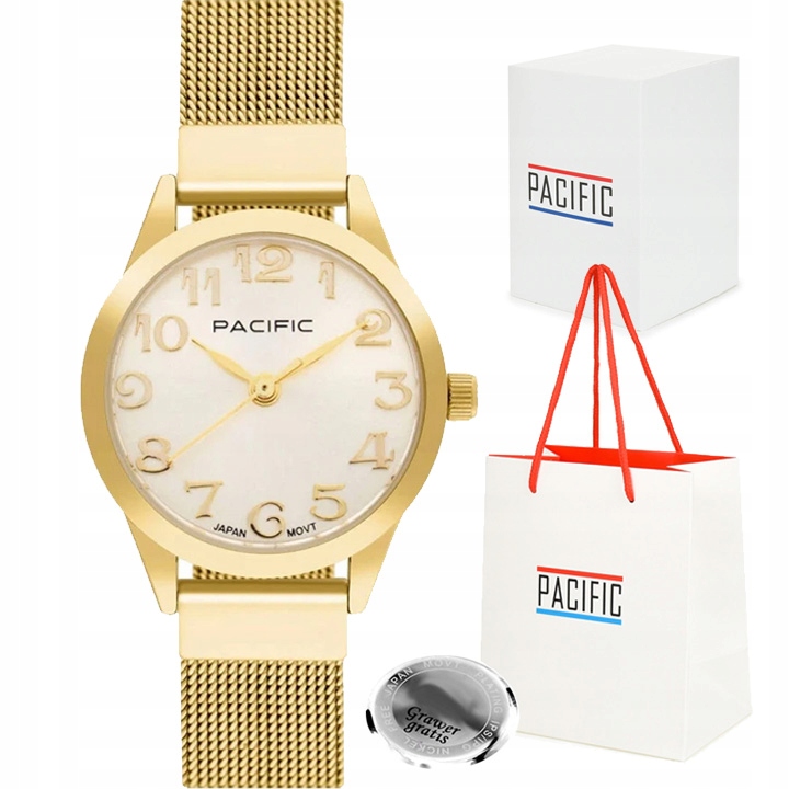 Dámské hodinky Pacific zlaté Elegantní S Čísly síťované Gravírování Box