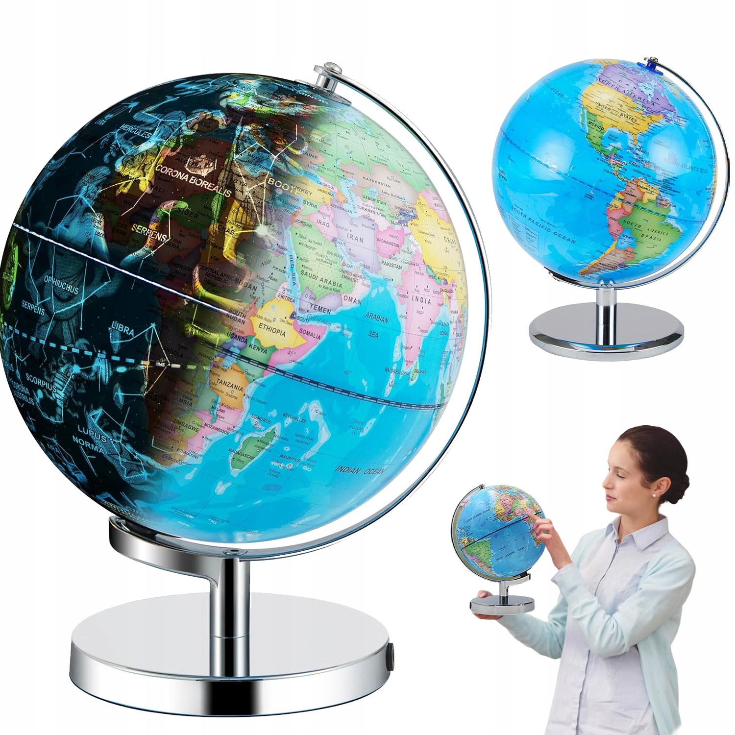 globus podsvícený fyzický politický, kulička 29 cm s konstelací 3v1