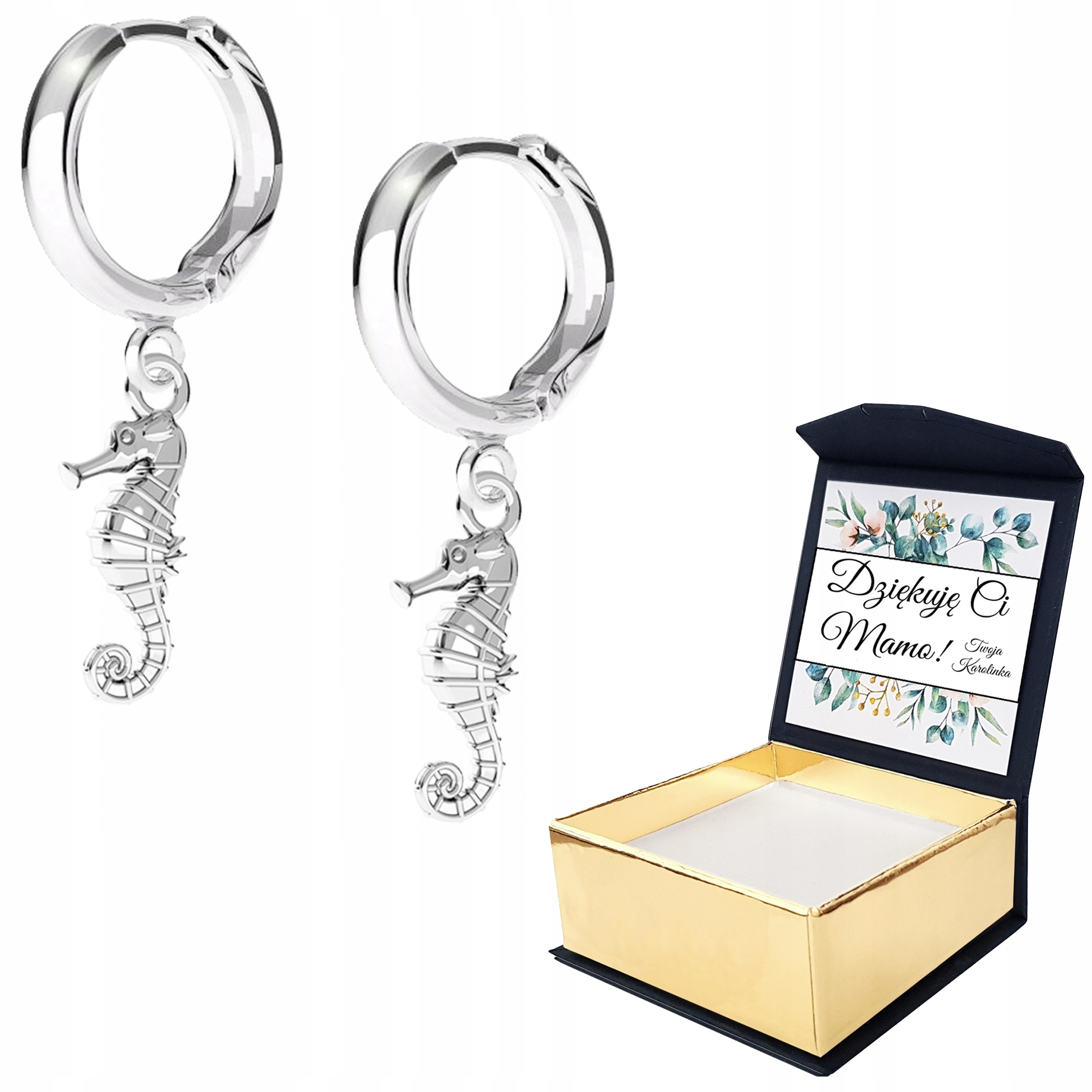 Stříbrné náušnice Mořský koník s vlastním potiskem