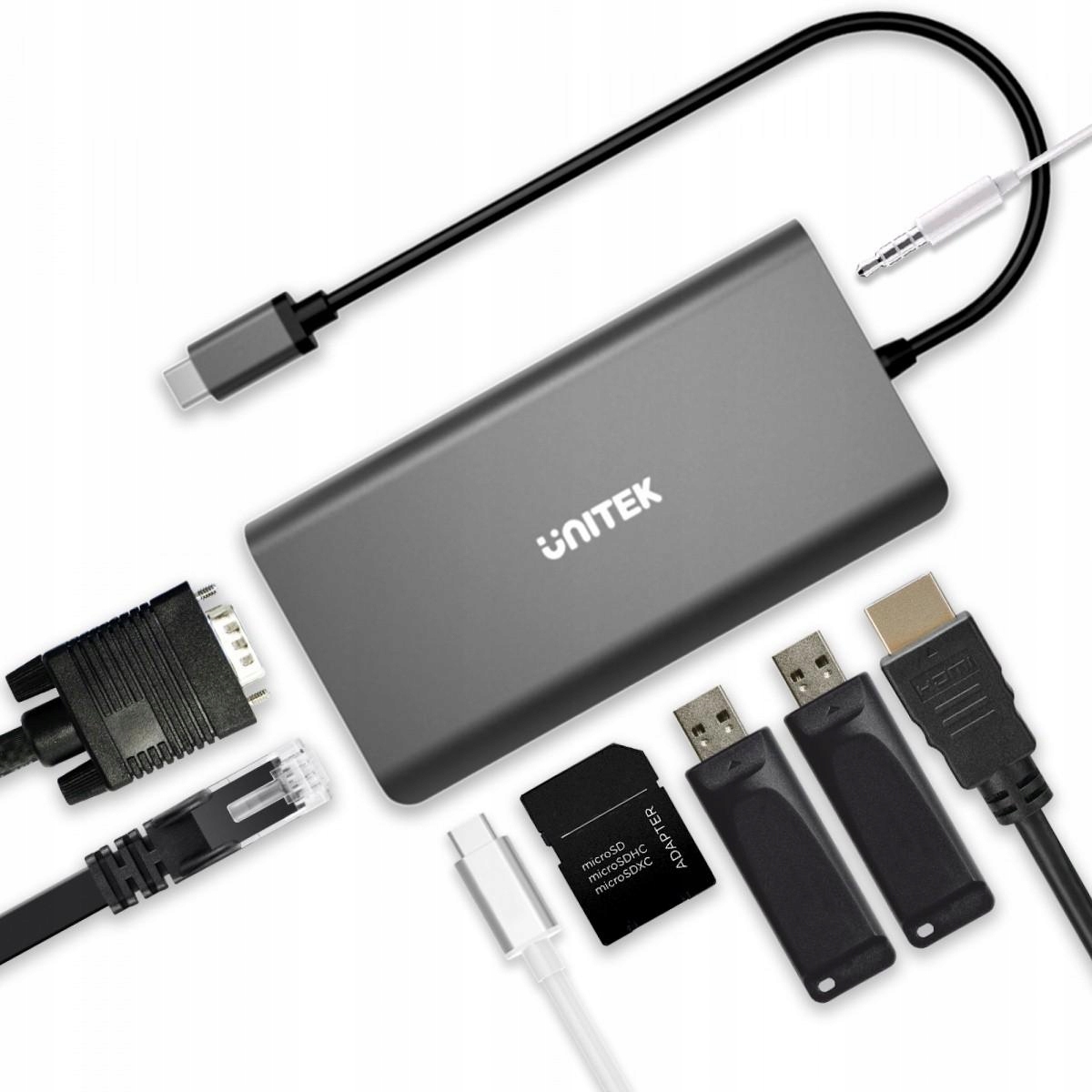Hub 8-w-1 Usb-c 3.1 Hdmi Vga RJ45 Sd Pd 100W D1019B