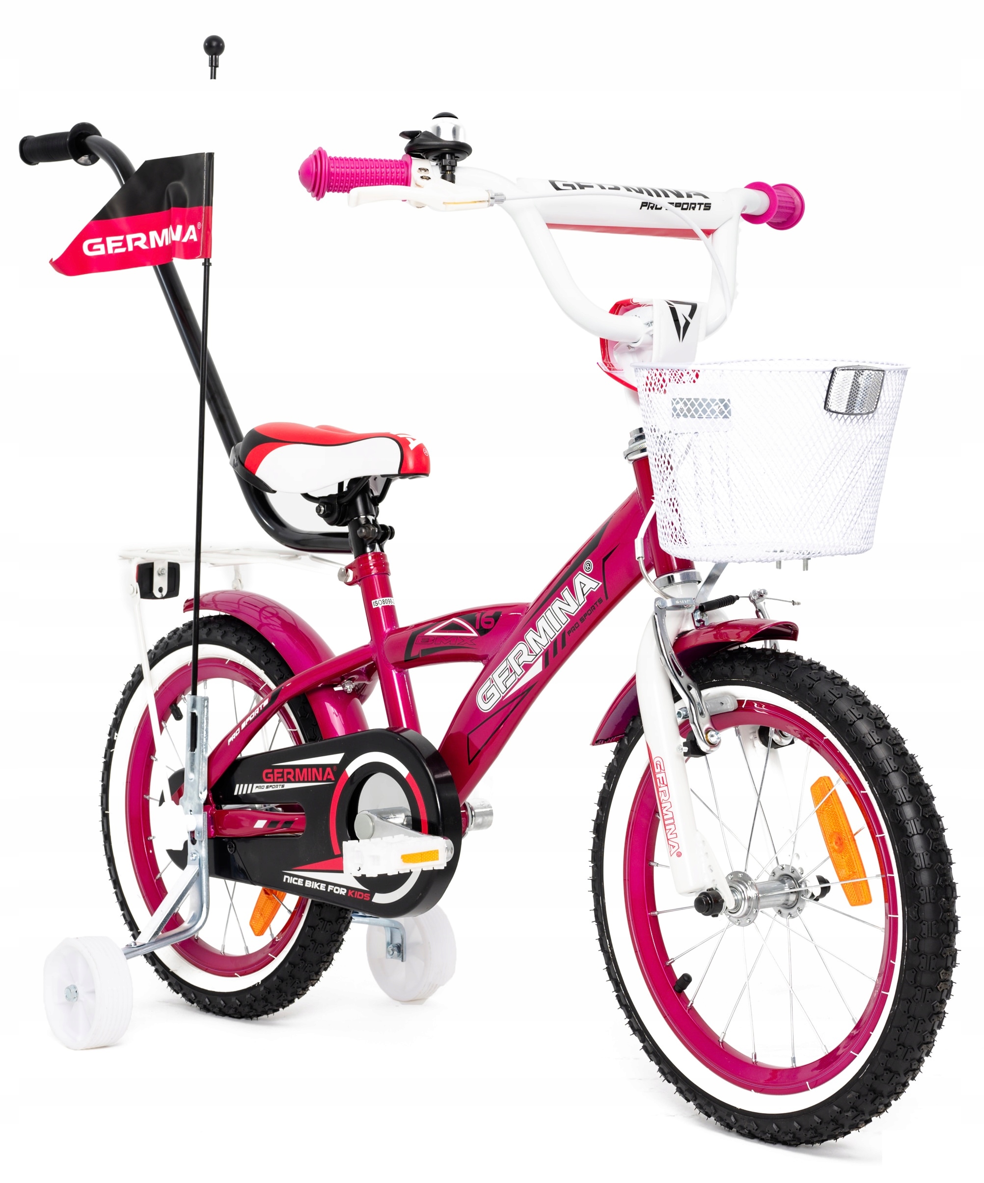 Rowerek dziecięcy Germina 16 różowy dla dziewczynki +kółka boczne prowadnik
