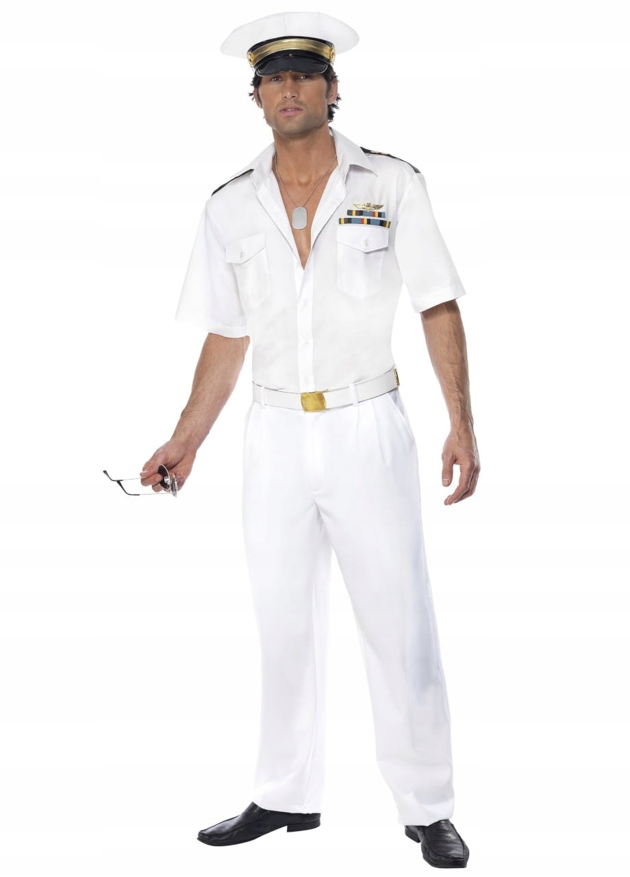 Kostým Kapitána Bílý Kostým Top Gun Pánská košile Kalhoty Pásek Čepice L
