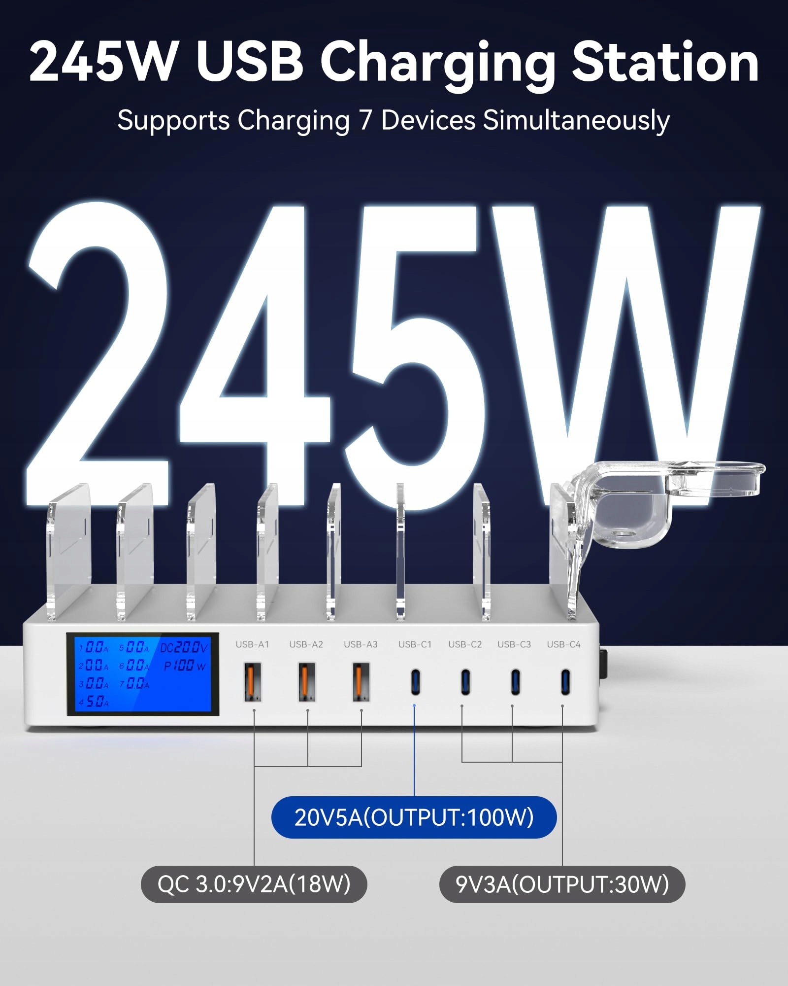 RSYDMNY Stacja Ładowania 245W 7-Port LCD USB C Szybkie Ładowanie Urządzeń — miniatura 2