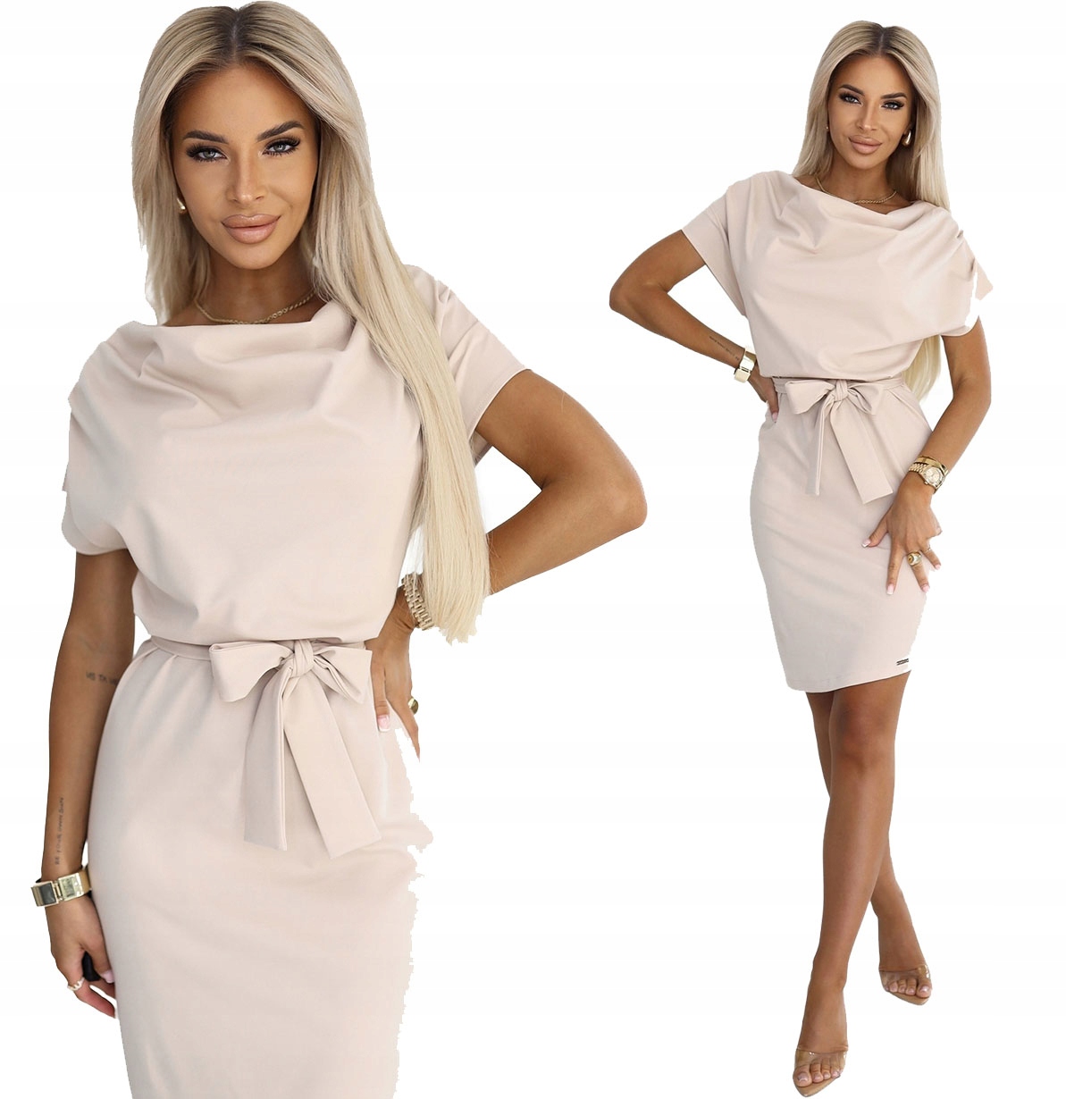 Stylové Šaty S Asymetrickým Spodním Dílem, Zavazování V Pase, Pohodlná Béžová L