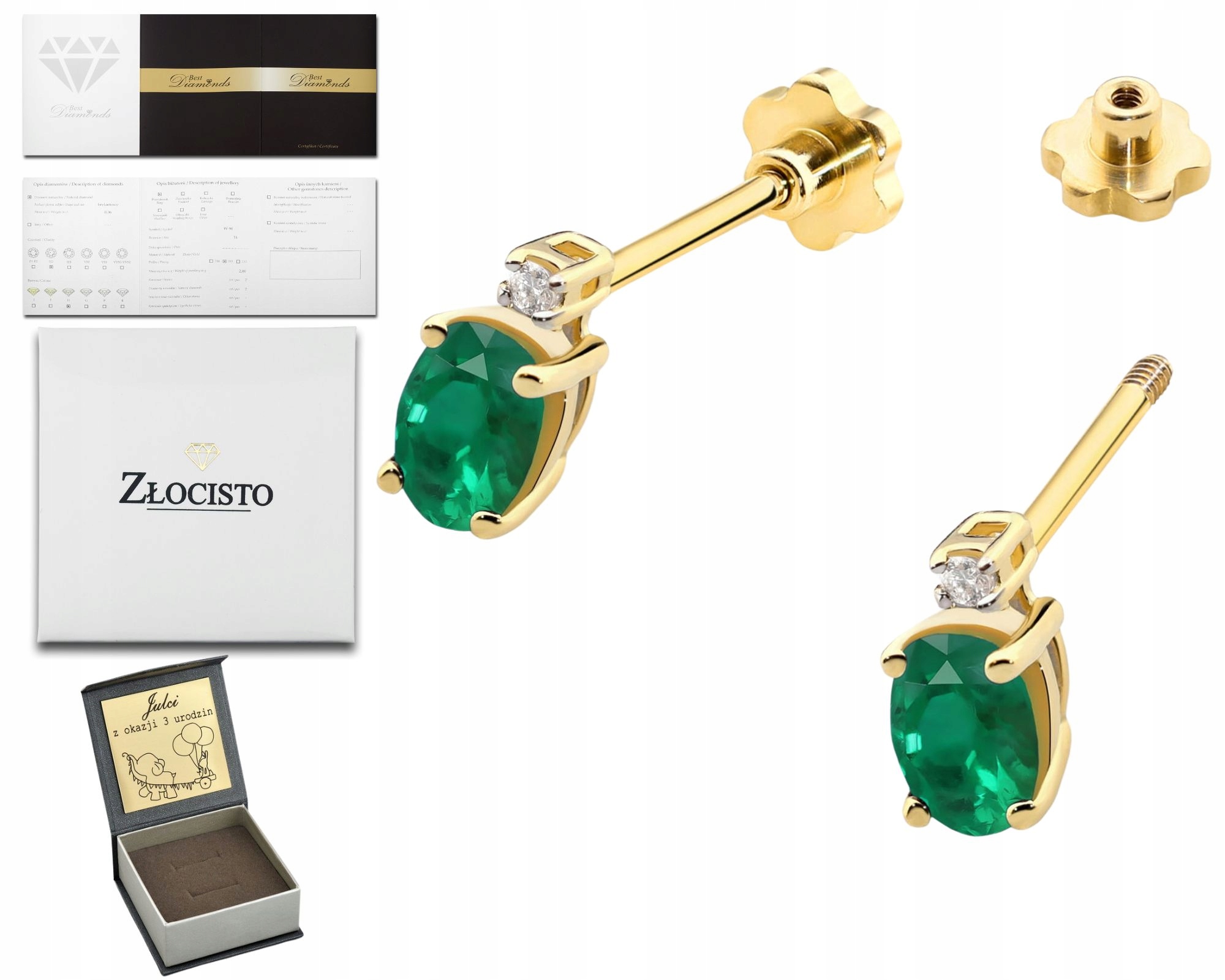 Zlaté Náušnice Zelený Přírodní Kámen Smaragd A Diamanty Zlato 585