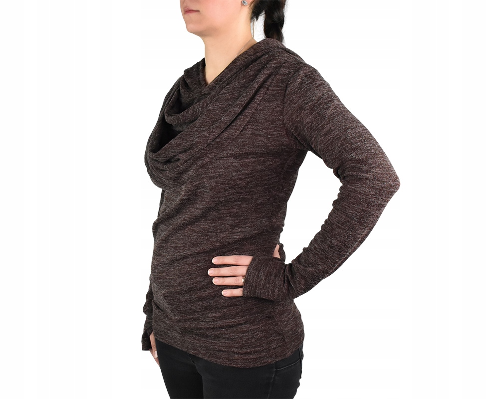 Svetr Ava s kapucí, řasení ve výstřihu, hnědý