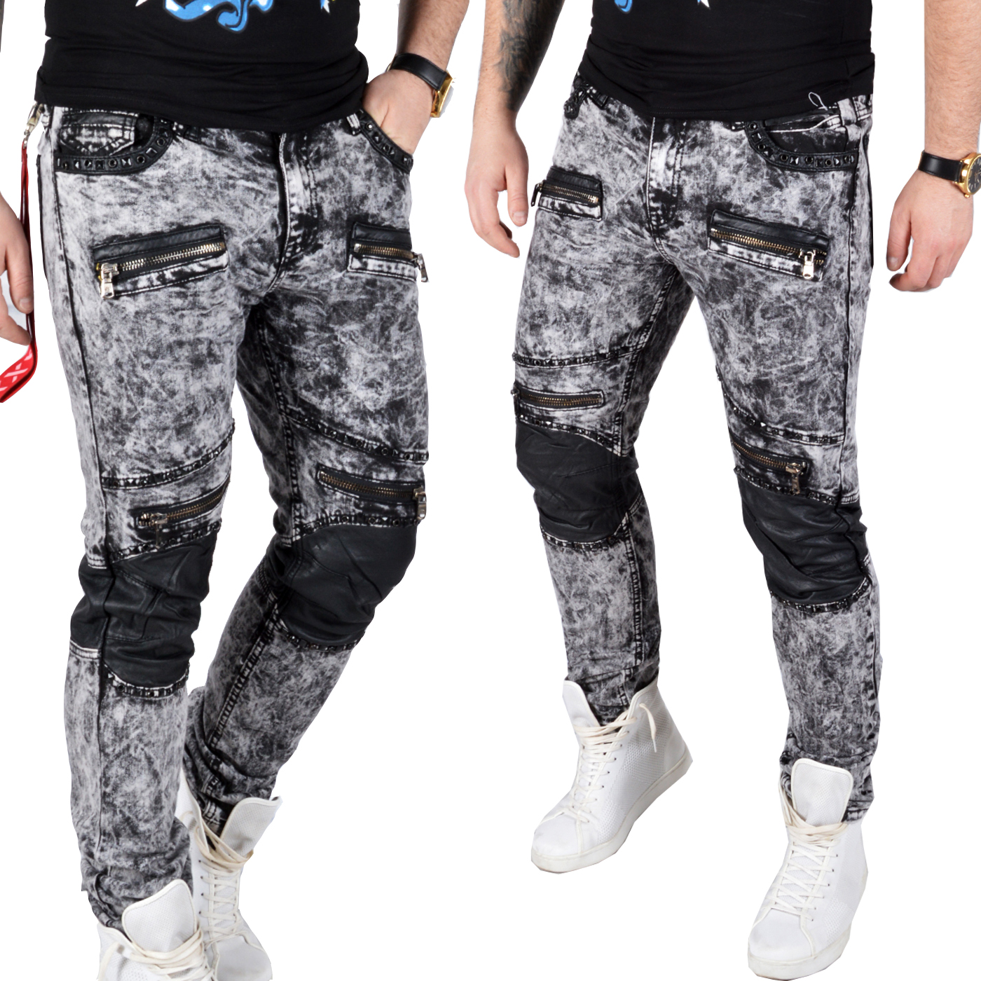 Cipo Baxx Pánské džíny Biker šatonové růže s koženými zipy