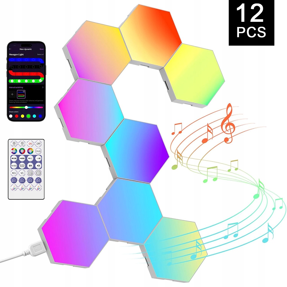Herní Osvětlení Hexagon 12 Kusů Rgb S Aplikací Hudba Ložnice