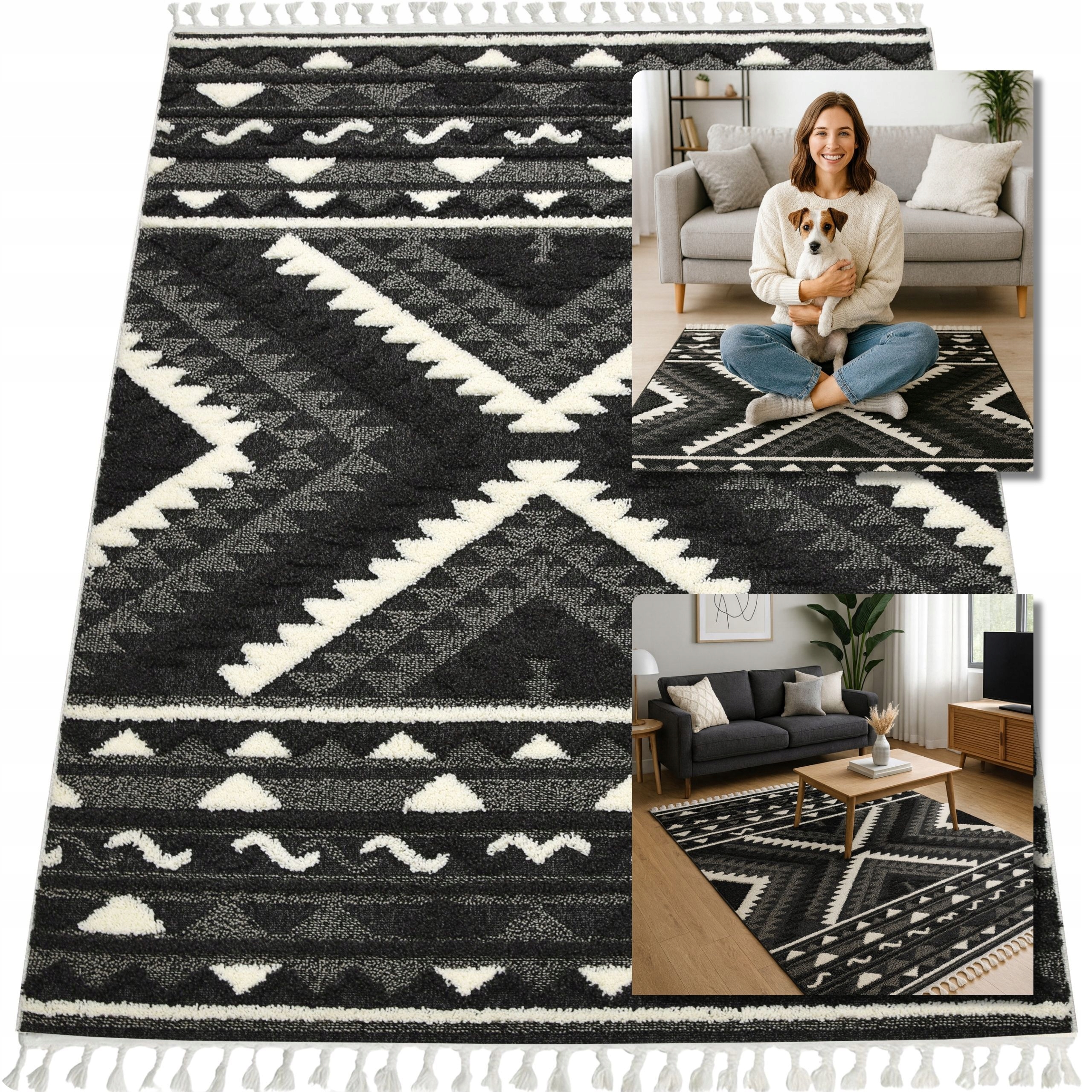 Koberec 120x180 Boho Černý Koberec Do Obývacího Pokoje Koberec Do Ložnice Shaggy