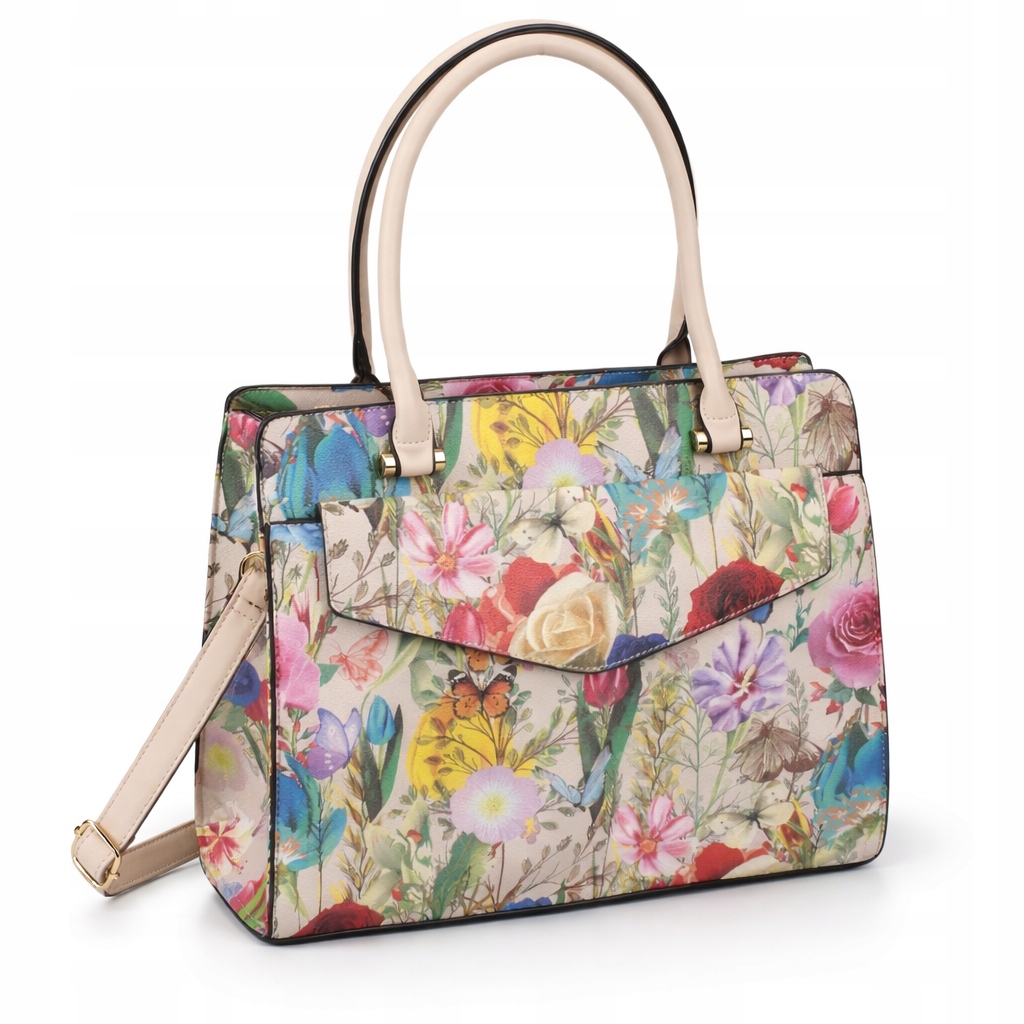 Torebka Damska Shopper Na Ramię Kwiatowy Wzór Skóra Ekologiczna Beżowa