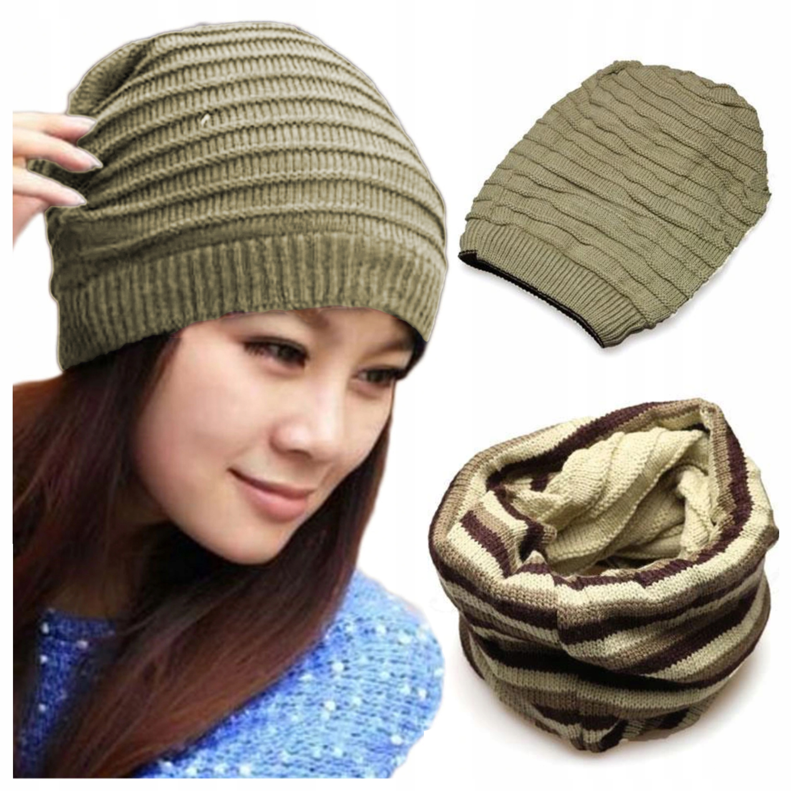 

Dwustronna Czapka beanie Komin 2w1 krasnal Beżowa
