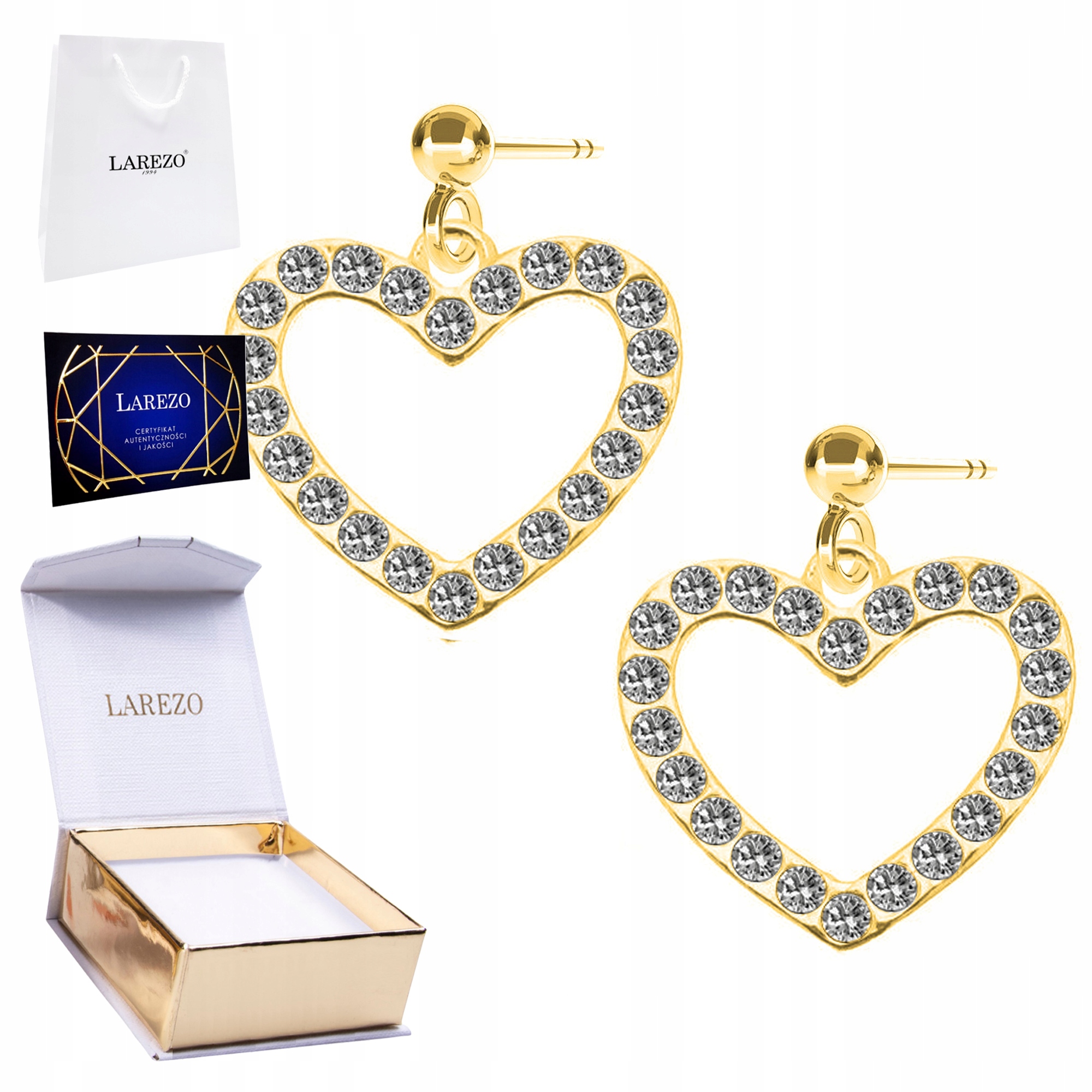 Zlaté Náušnice 925 Lesklé srdce Pozlacená Srdíčka Zirkony Křišťály