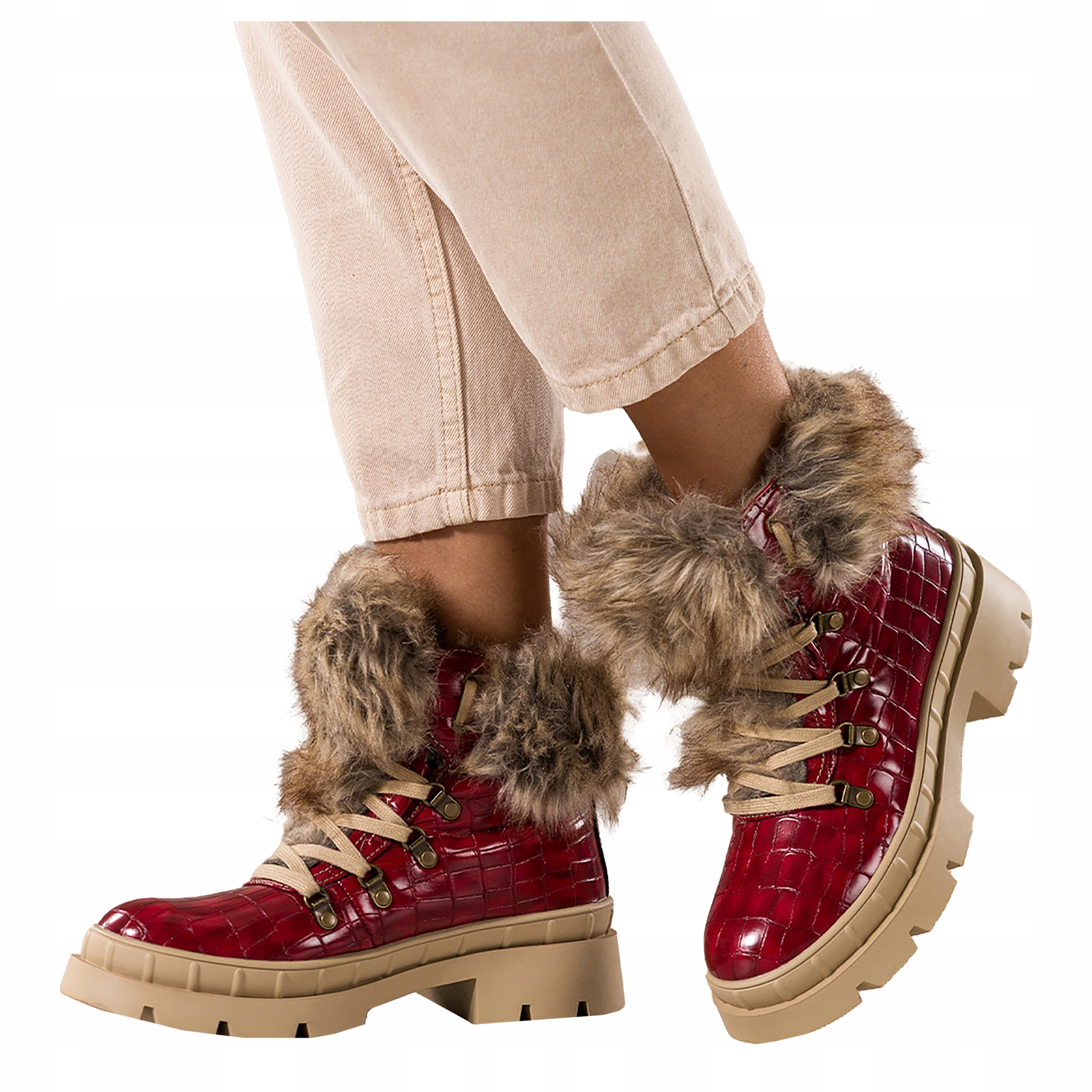 Kotníkové Boty Červené Dámské Sněhule Trapery Běžící podešev Kožíšek vel. 38