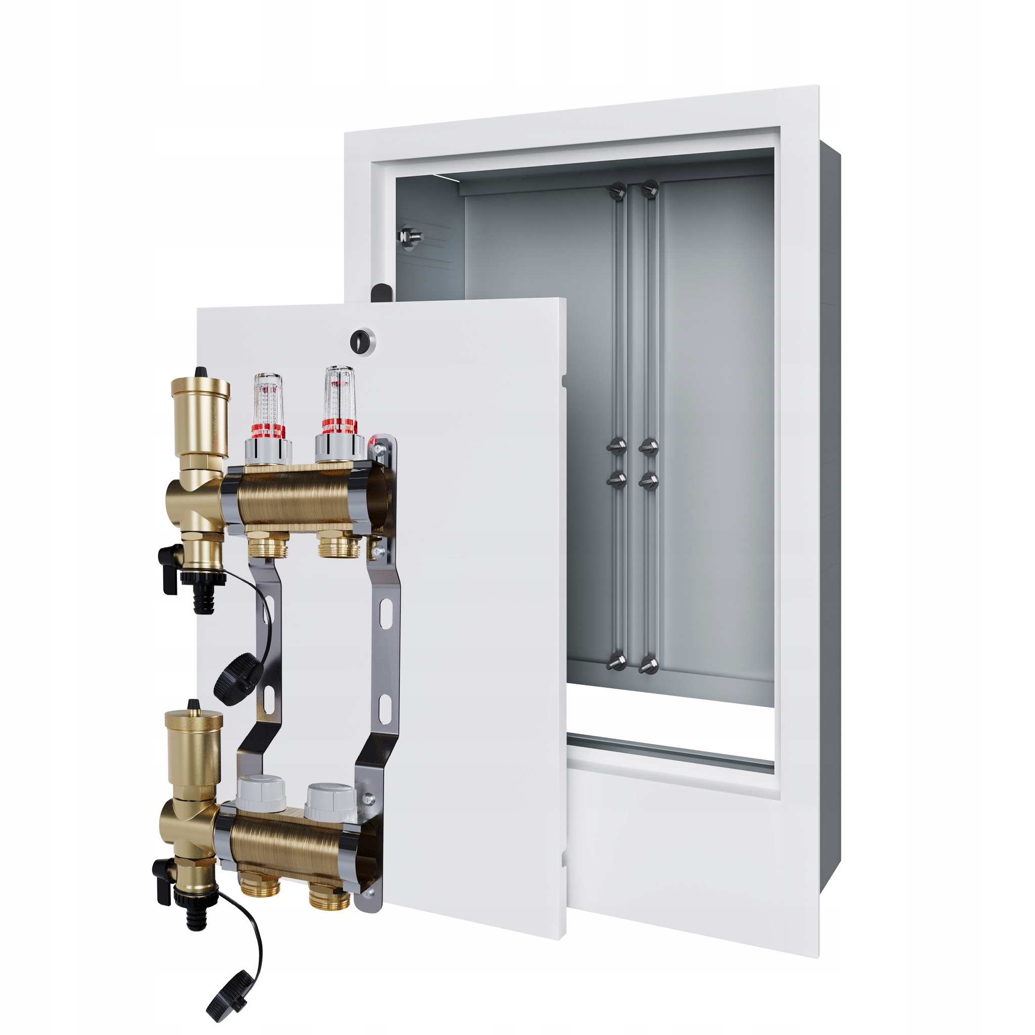 Rozdělovač pro podlahovku s 2 podlahovými topeními a podomítkovou schránkou