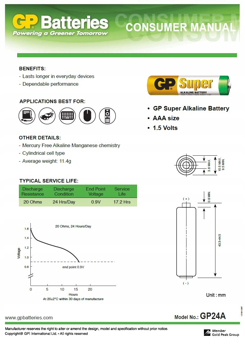 GP Baterie Alkaliczne R03 AAA Super Value 5szt Symbol baterii AAA (R3)