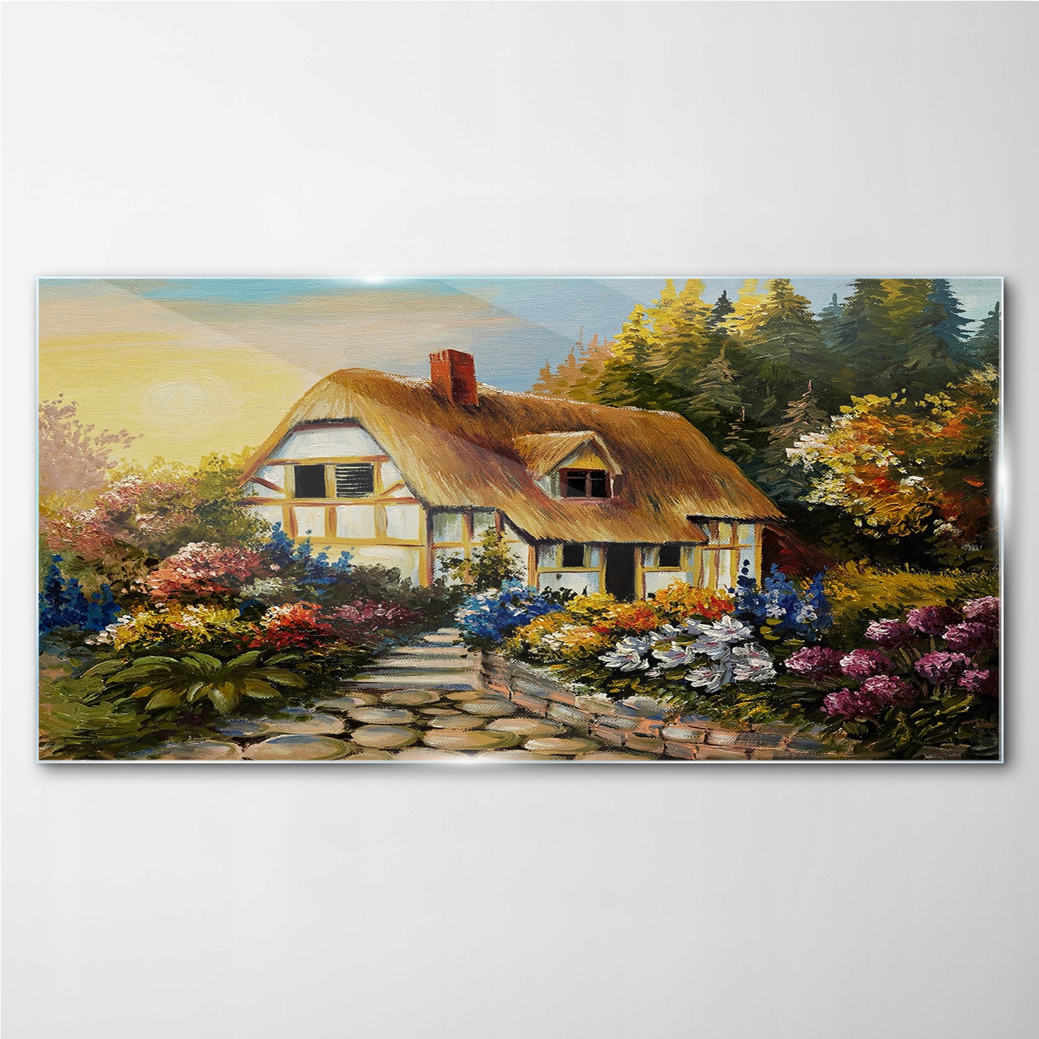 

Szklany obraz Kwiaty drzewa chata wieś 140x70 cm