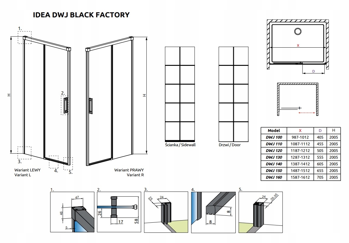 Drzwi RADAWAY Idea Black DWJ Factory 100 LEWE Grubość szkła/szyby 6 mm
