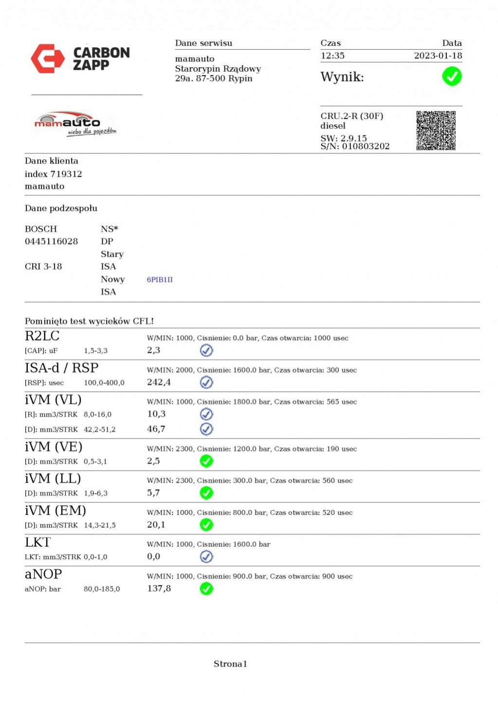 nozzle injector test A6420701287 MERCEDES SPRINTER W906 3.0 CDI 190 KM